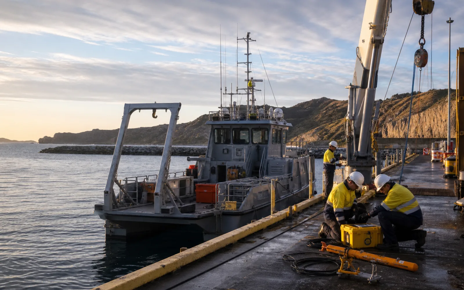 Marine operations team reviewing vessel safety procedures beside an Australian commercial vessel