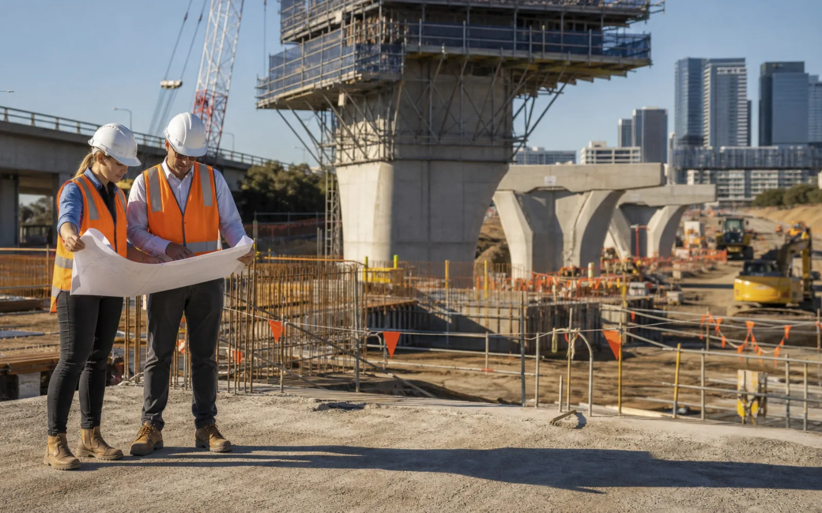 Australian construction supervisor and apprentices reviewing a site plan during morning briefing