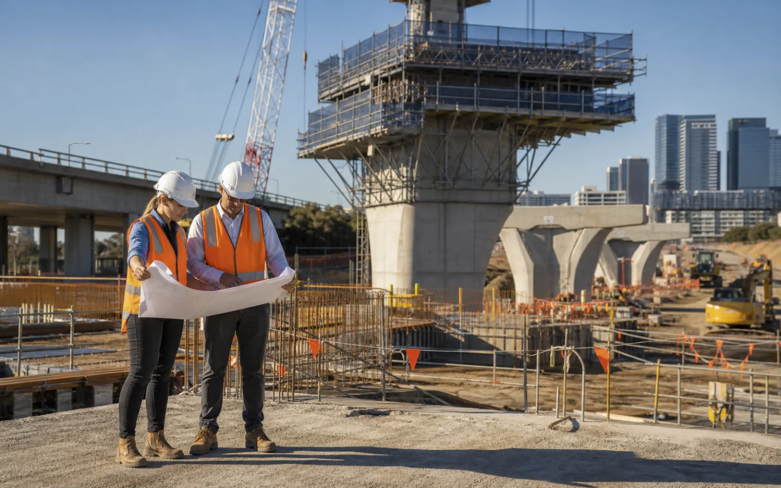 Australian rail and civil infrastructure works viewed across a large active construction site