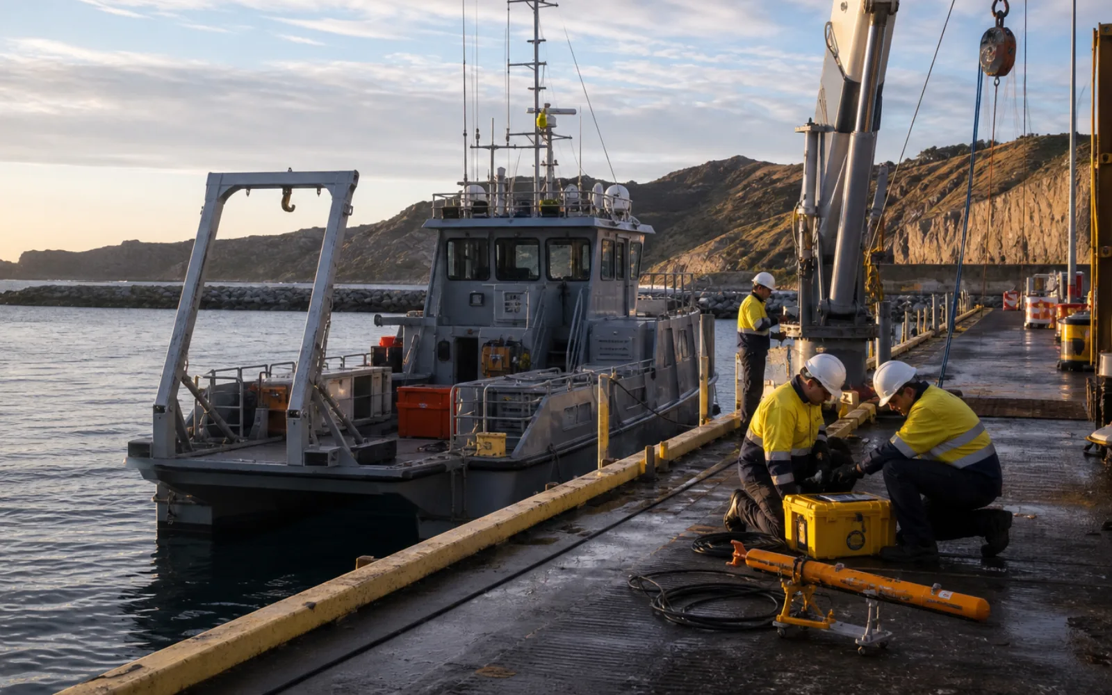 Australian vessel master and crew reviewing a safety management system before departure