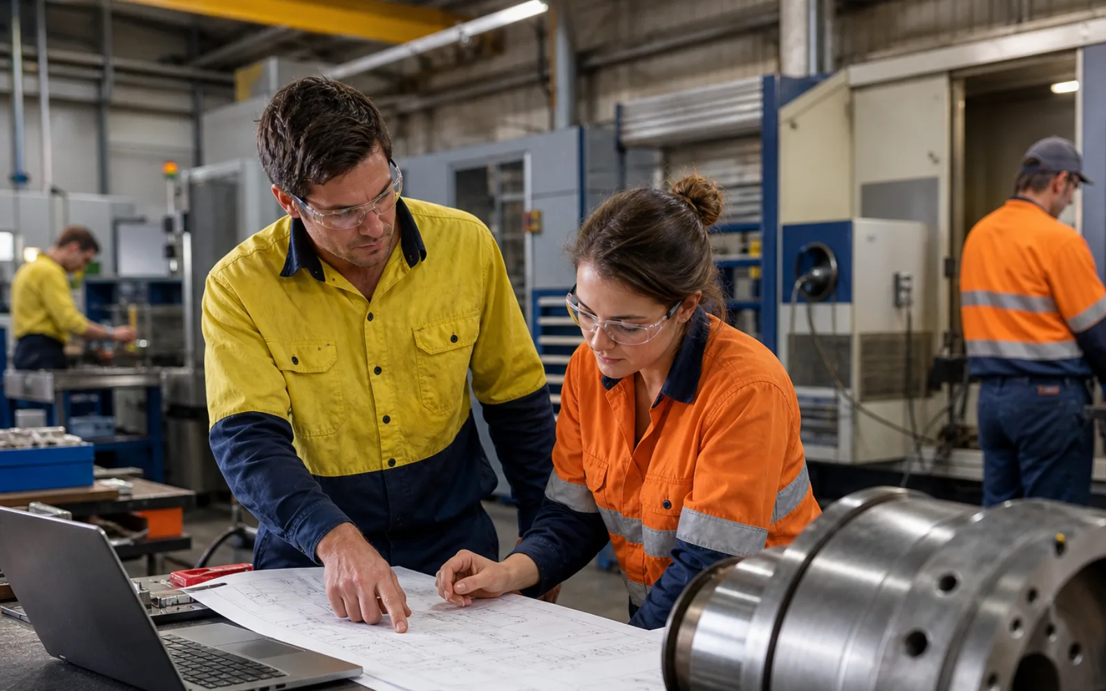 Australian engineering team discussing drawings in a bright industrial workplace