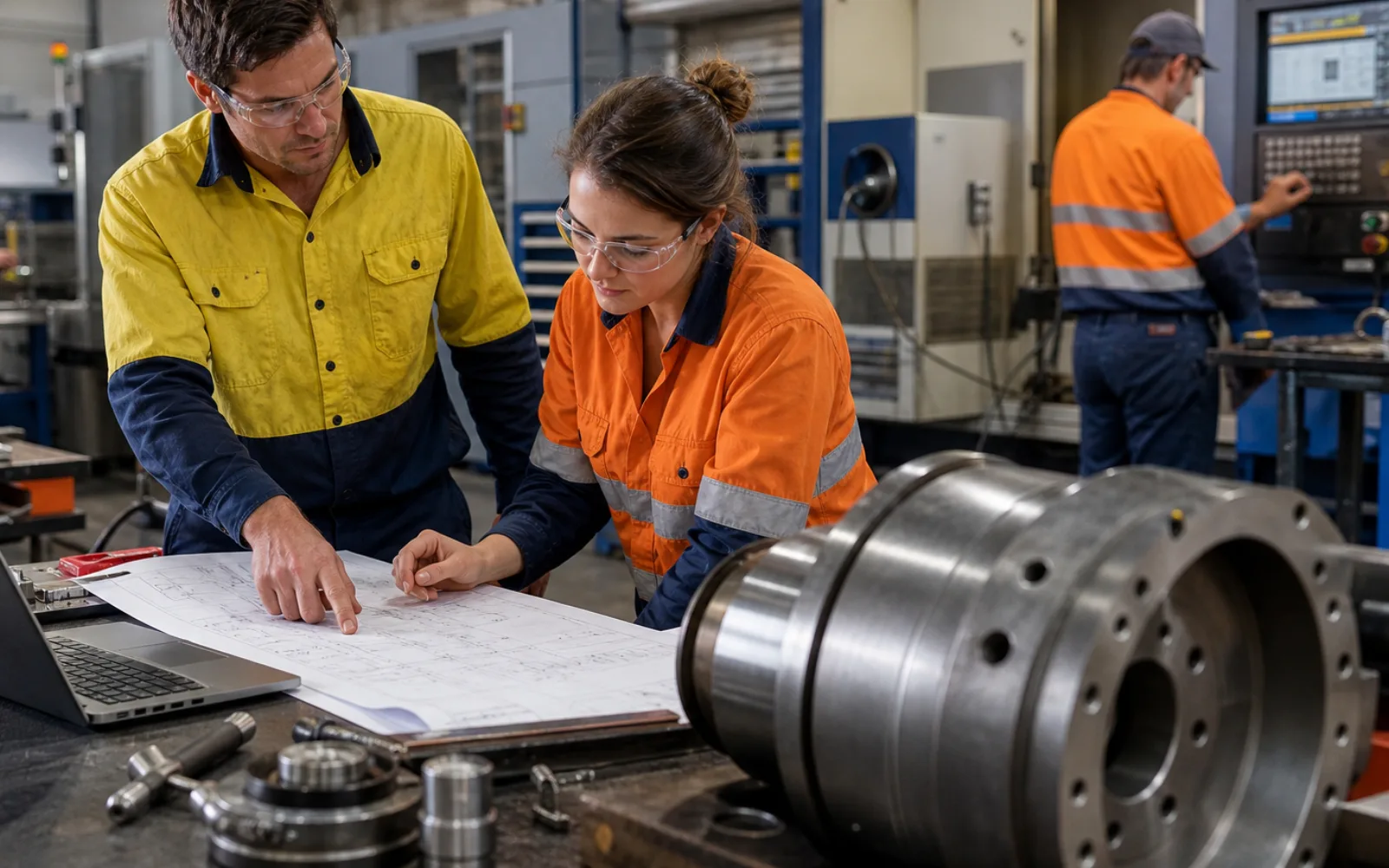 Engineering specialist inspecting industrial equipment at an Australian mining and energy facility