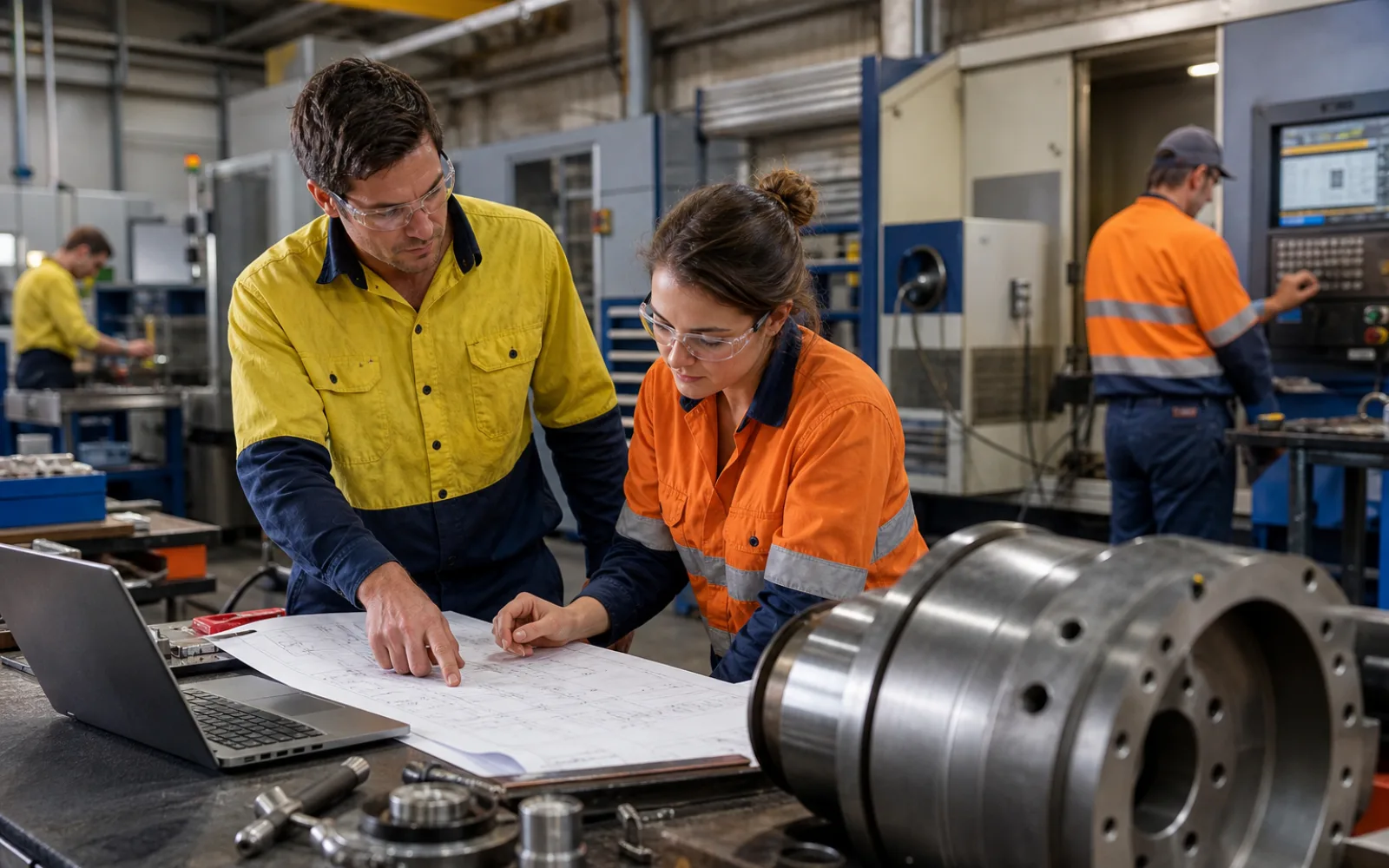 Engineering procurement team reviewing a technical component and supplier documents in Australia