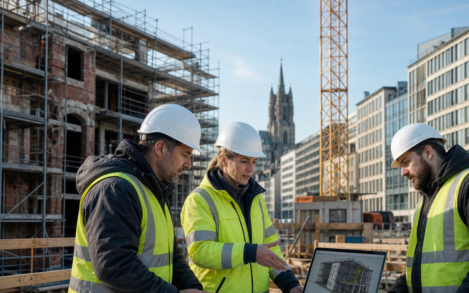 German construction team coordinating a building information model with site drawings