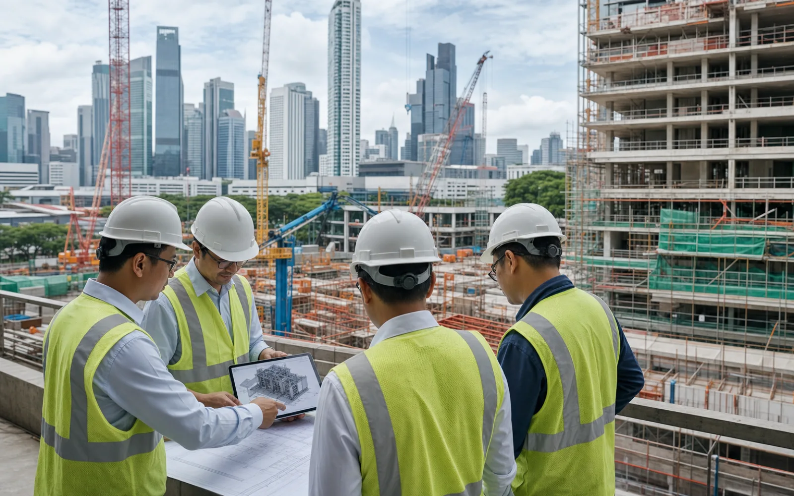 Singapore construction team reviewing a capability statement with project drawings and site records