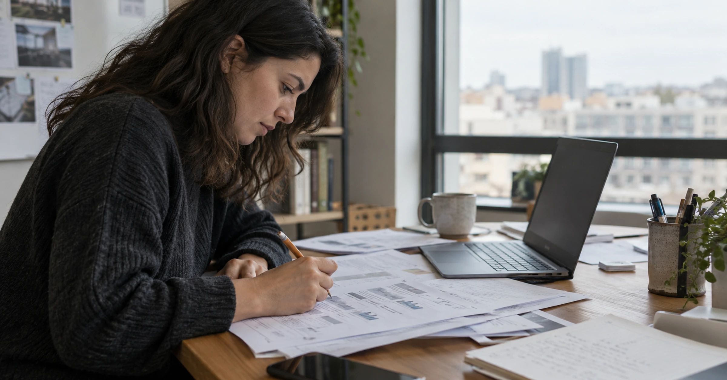 An analyst checking printed search-report pages with handwritten review notes
