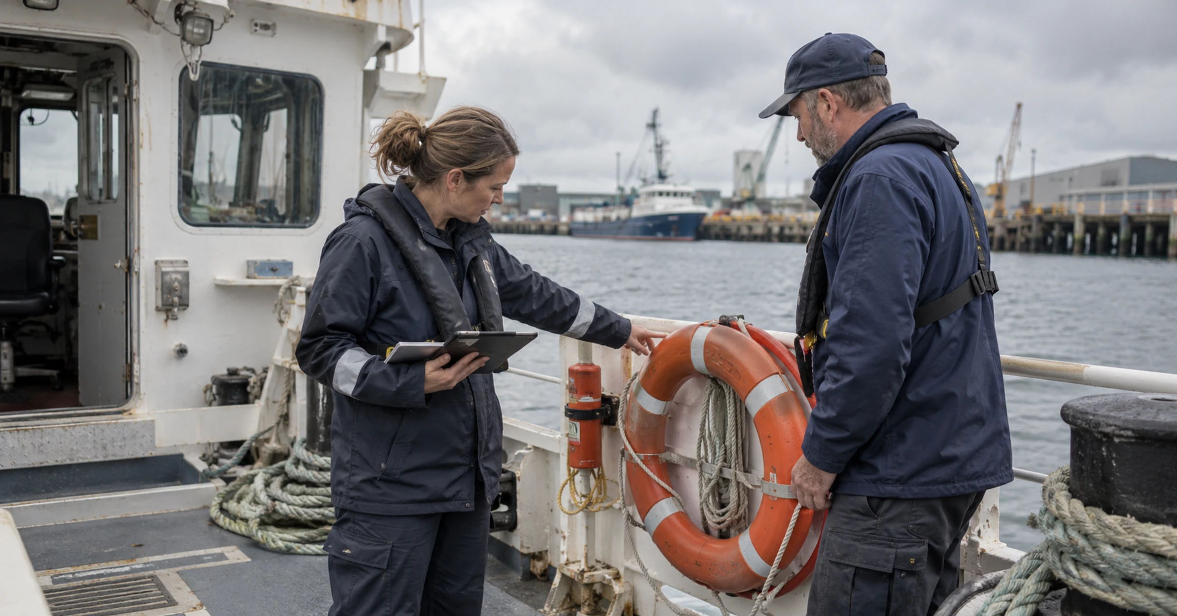 A vessel master and safety inspector checking emergency equipment on a moored coastal workboat