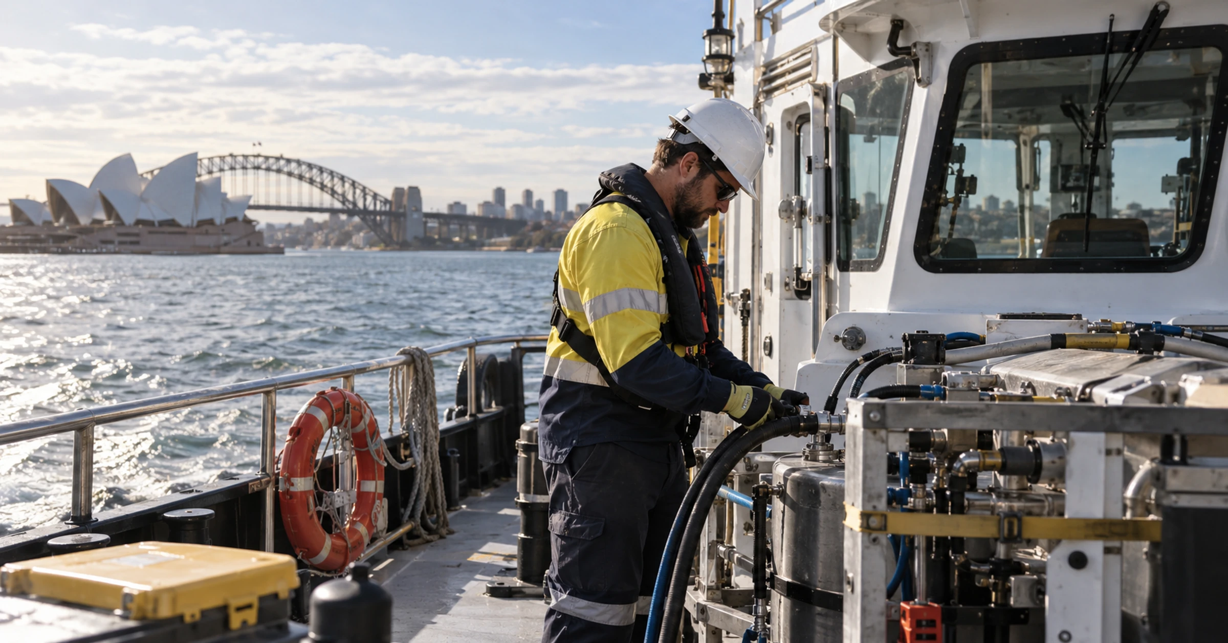 A marine engineer checking secured trial equipment on a harbour workboat
