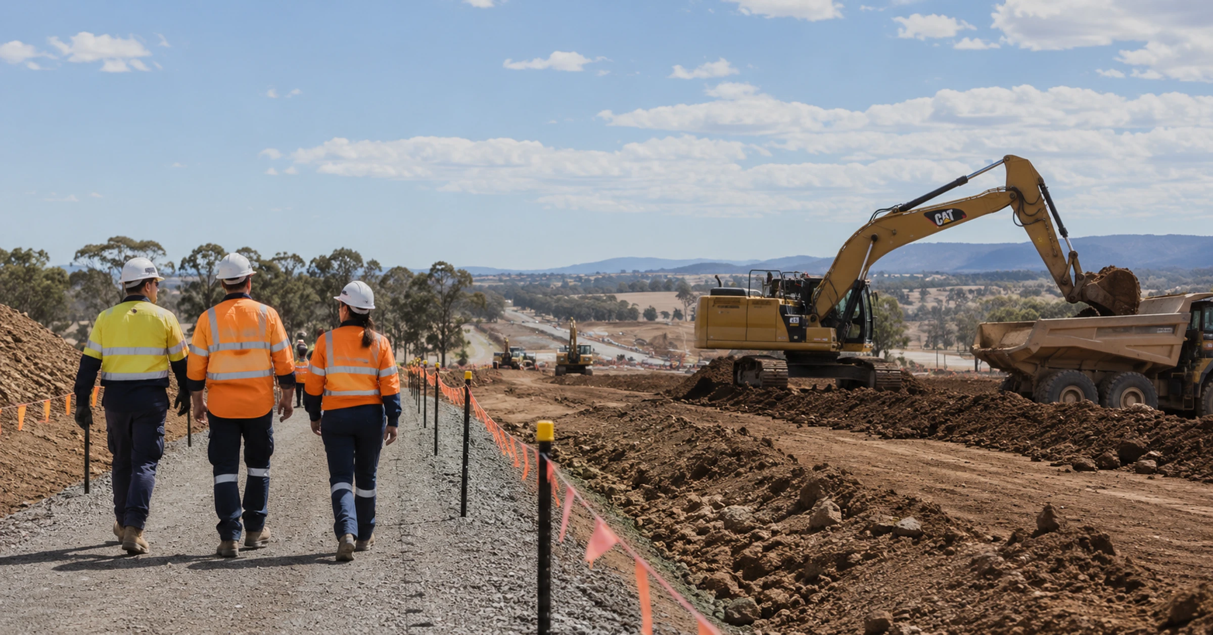 A construction crew walking along a protected path at a regional Australian infrastructure site