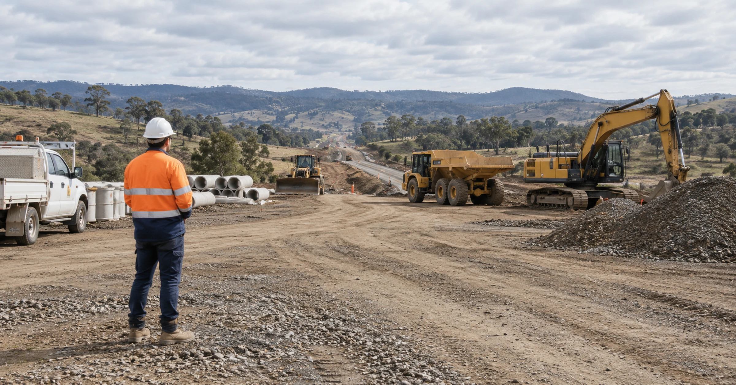 A site supervisor checking a regional road-construction staging area