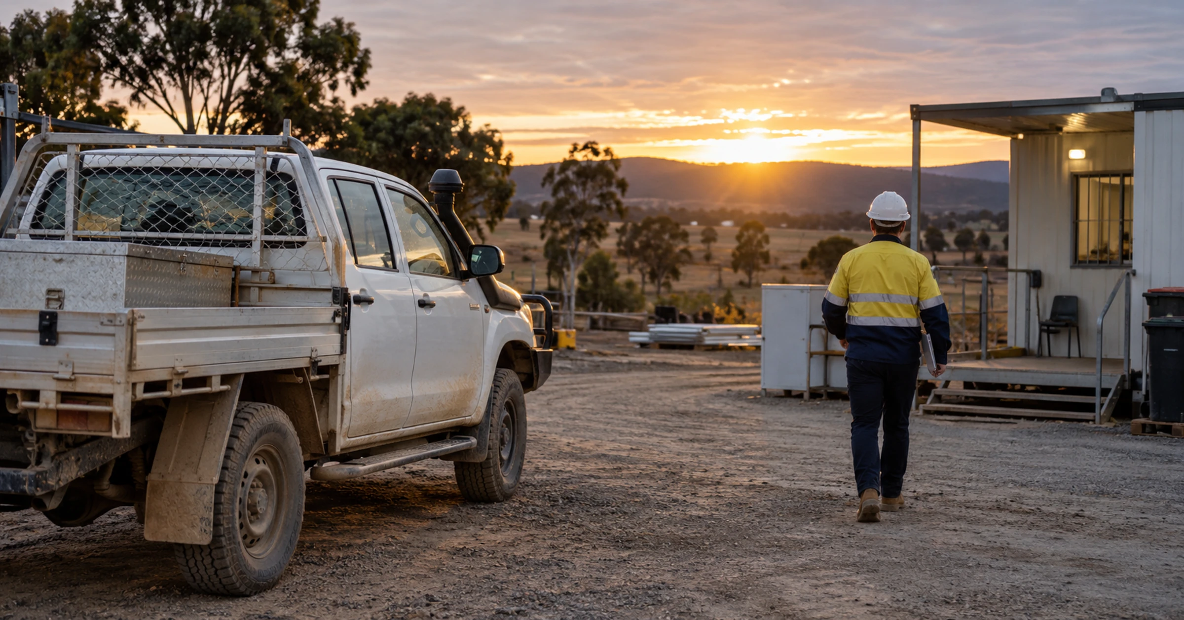 A contractor arriving at a regional construction site-office compound