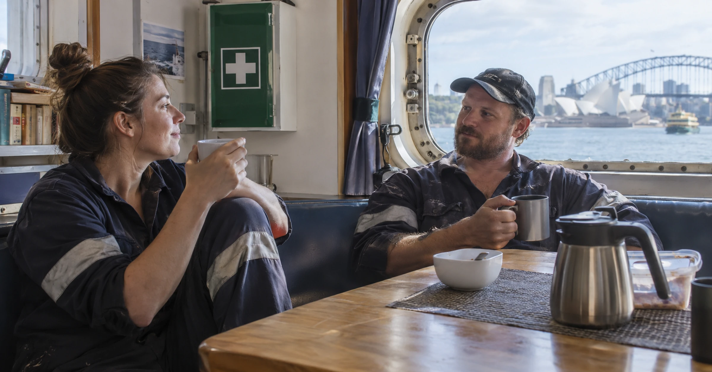 Commercial vessel crew taking a rest break in a lived-in ship mess room