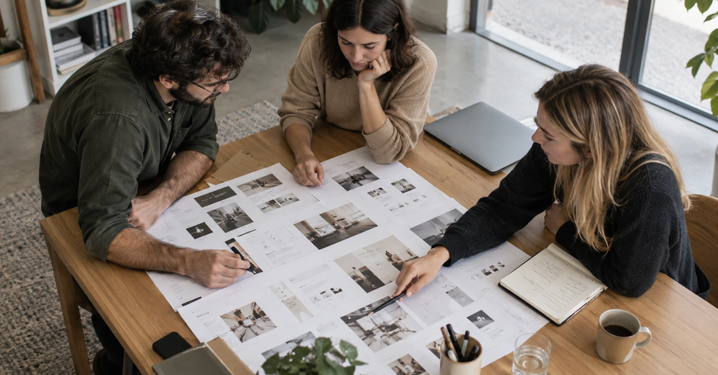 Colleagues reviewing printed website page plans and notes at a working meeting table