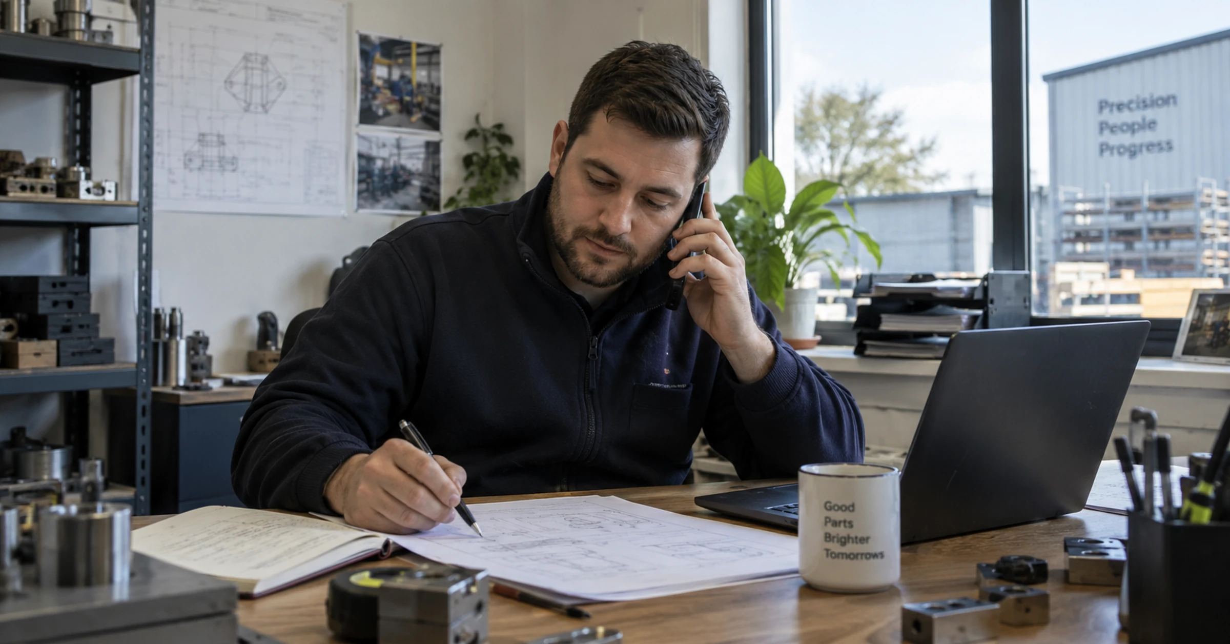 A business development coordinator reviewing an engineering enquiry during a buyer call