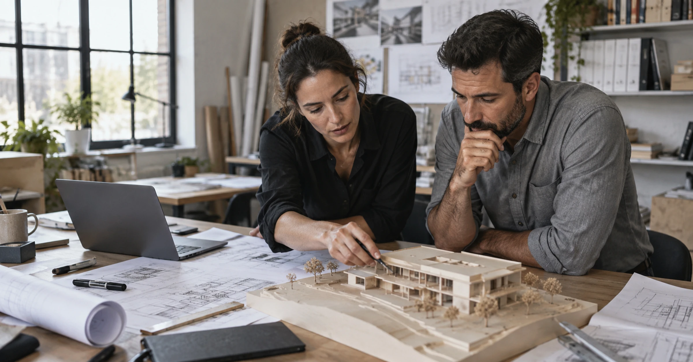 A BIM consultant and engineer reviewing an architectural model and plans