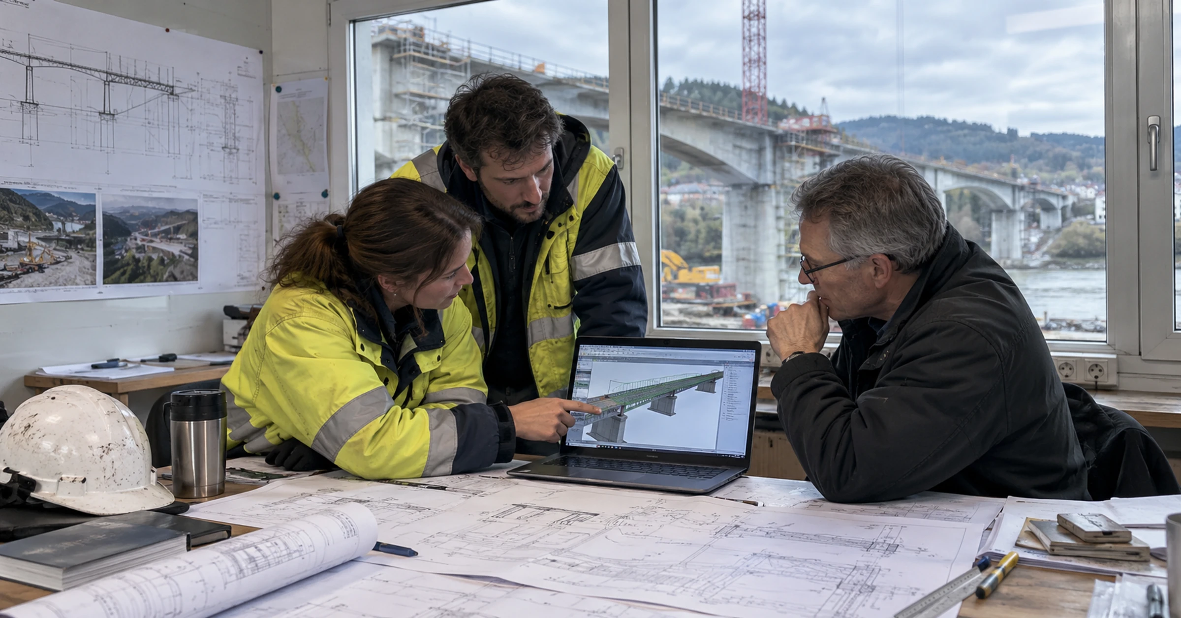 A bridge-project team reviewing a structural model and printed drawings in a site office