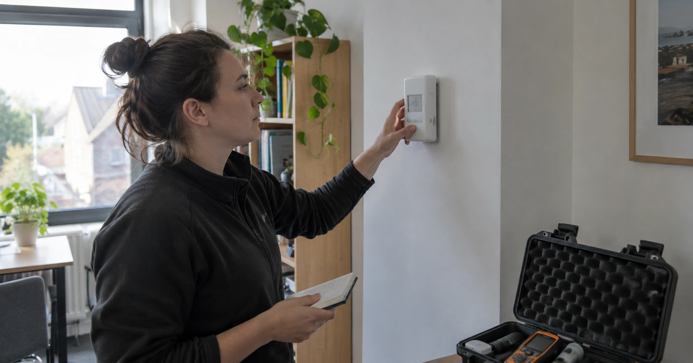 A building-services engineer checking an environmental sensor in a test room
