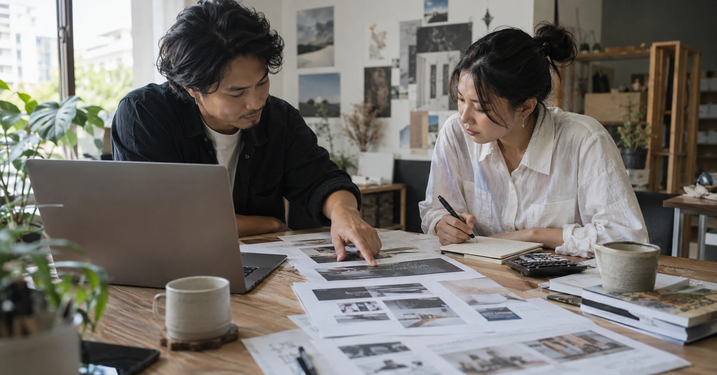 Two business owners reviewing printed website layouts and project notes at a studio table