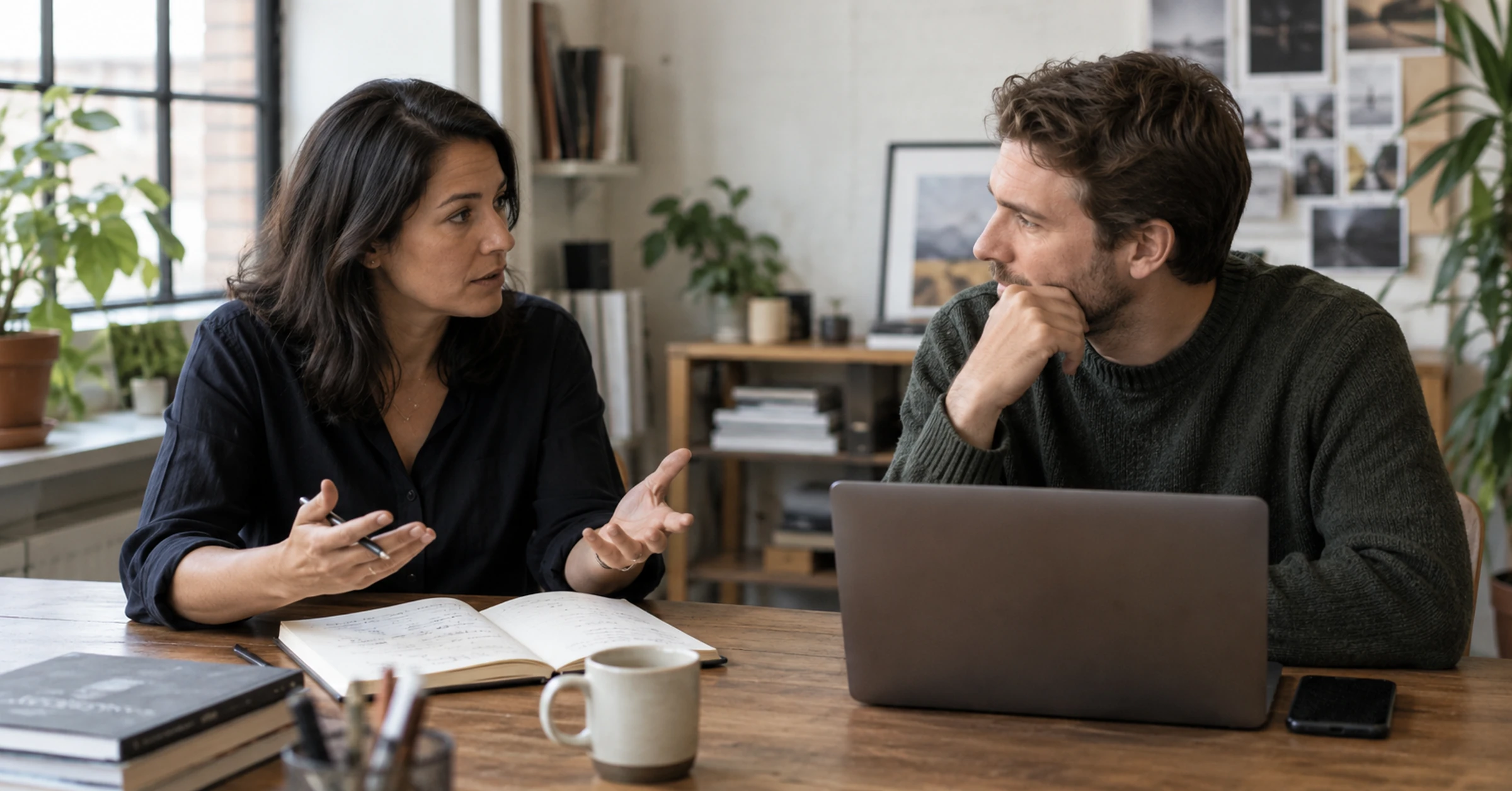 A business owner discussing search services with a consultant at a studio table