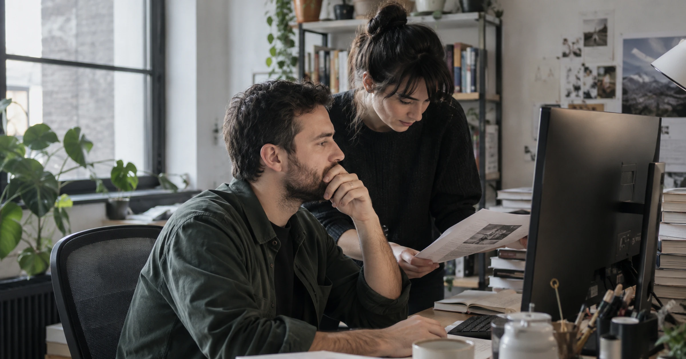 A search specialist and colleague checking draft content against printed source material