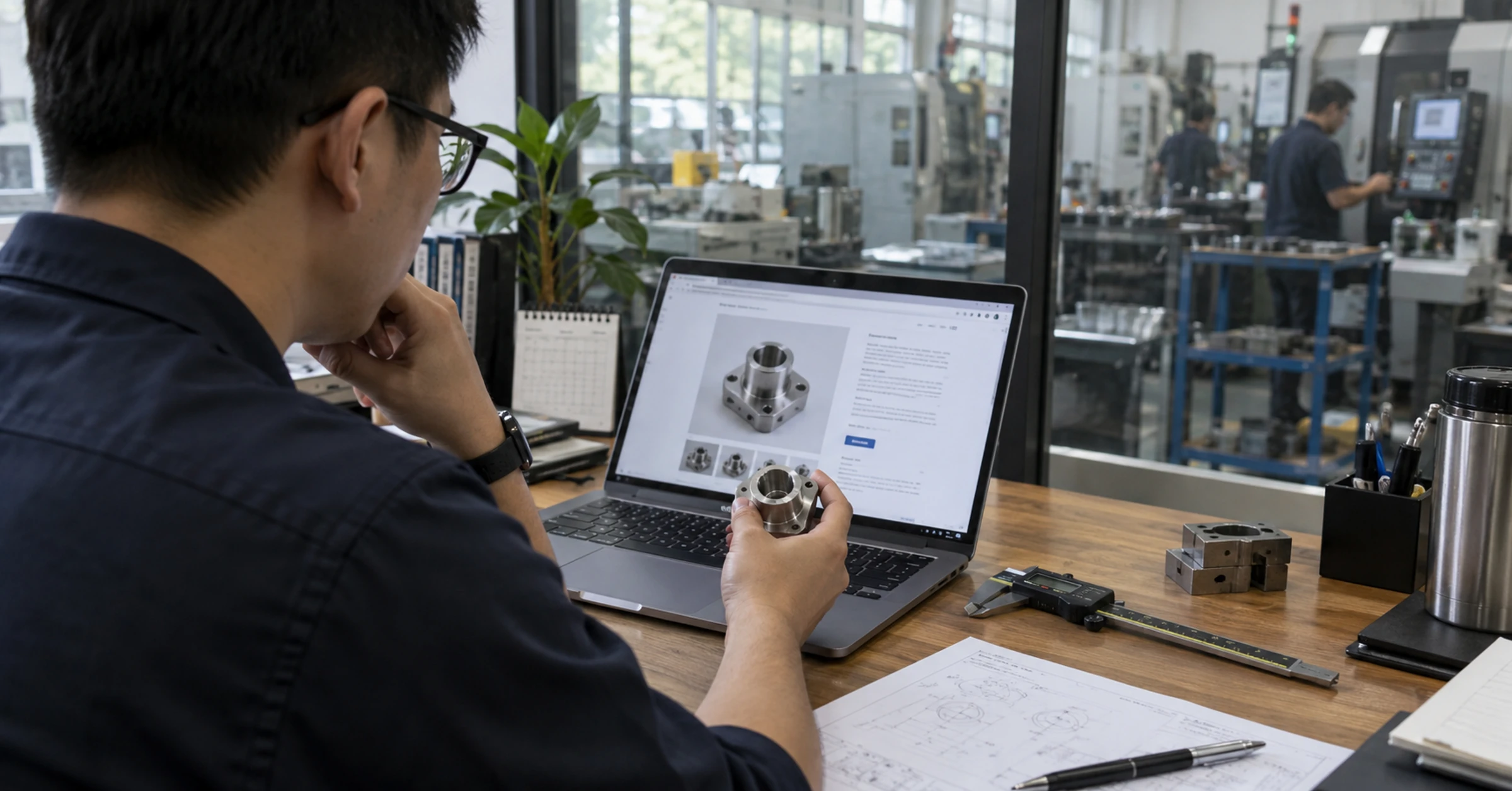 A technical buyer checking a machined component beside a supplier website in an engineering office