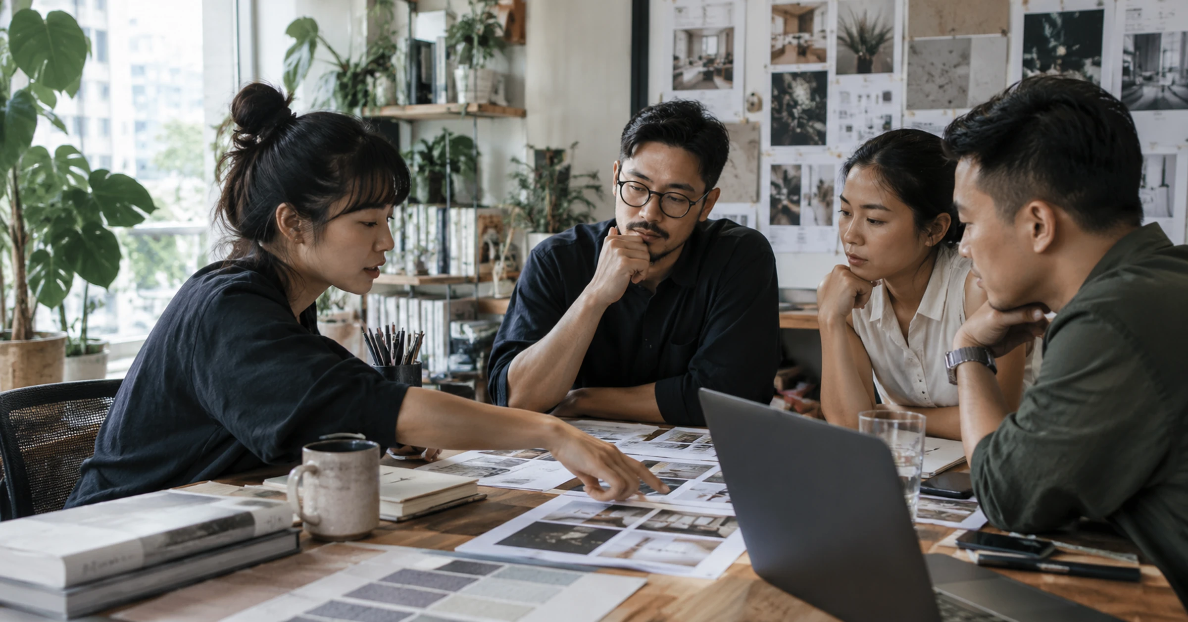A Singapore business team discussing printed website layouts with a designer