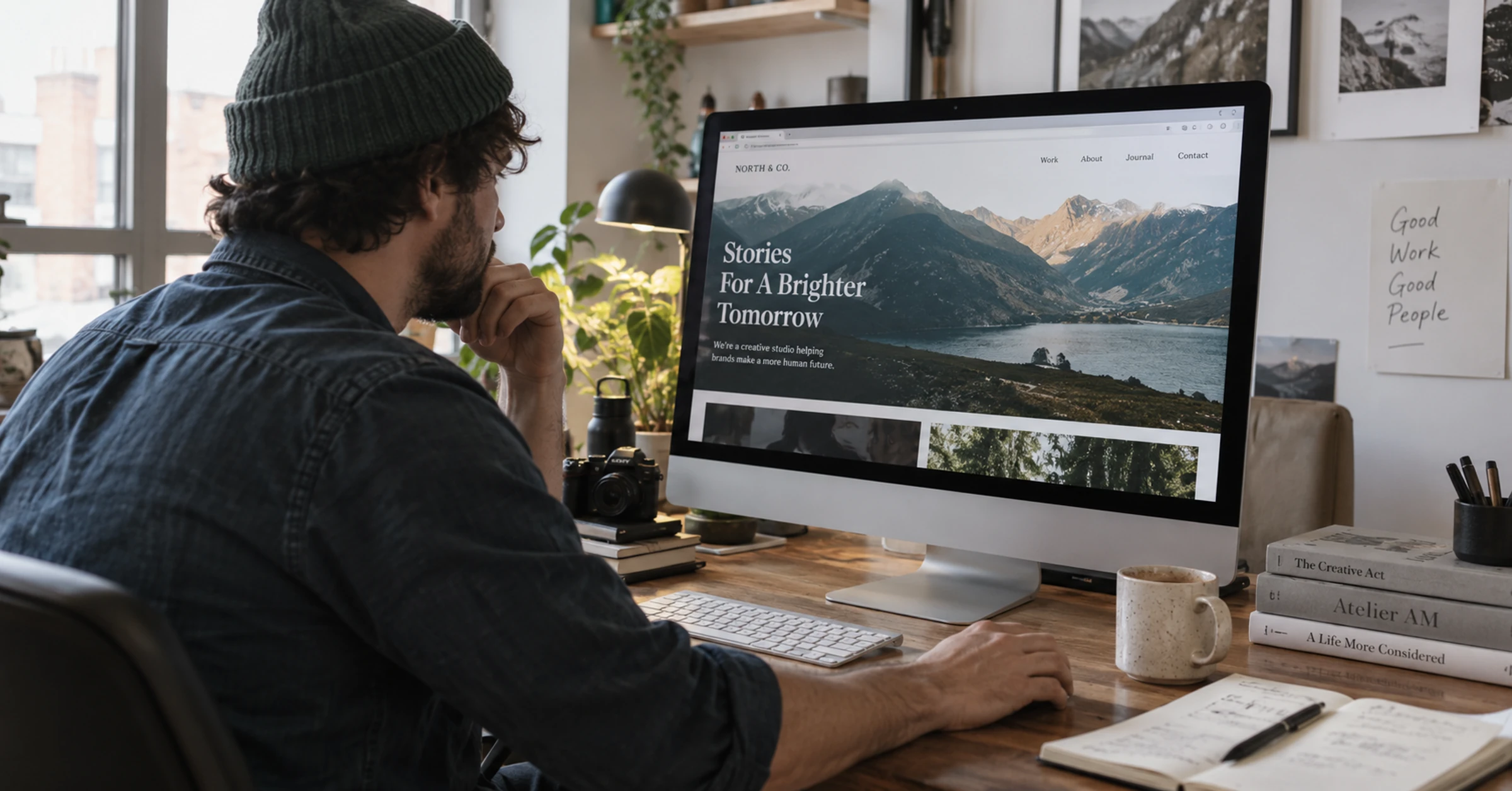 A designer working on a business website at a daylight studio workstation