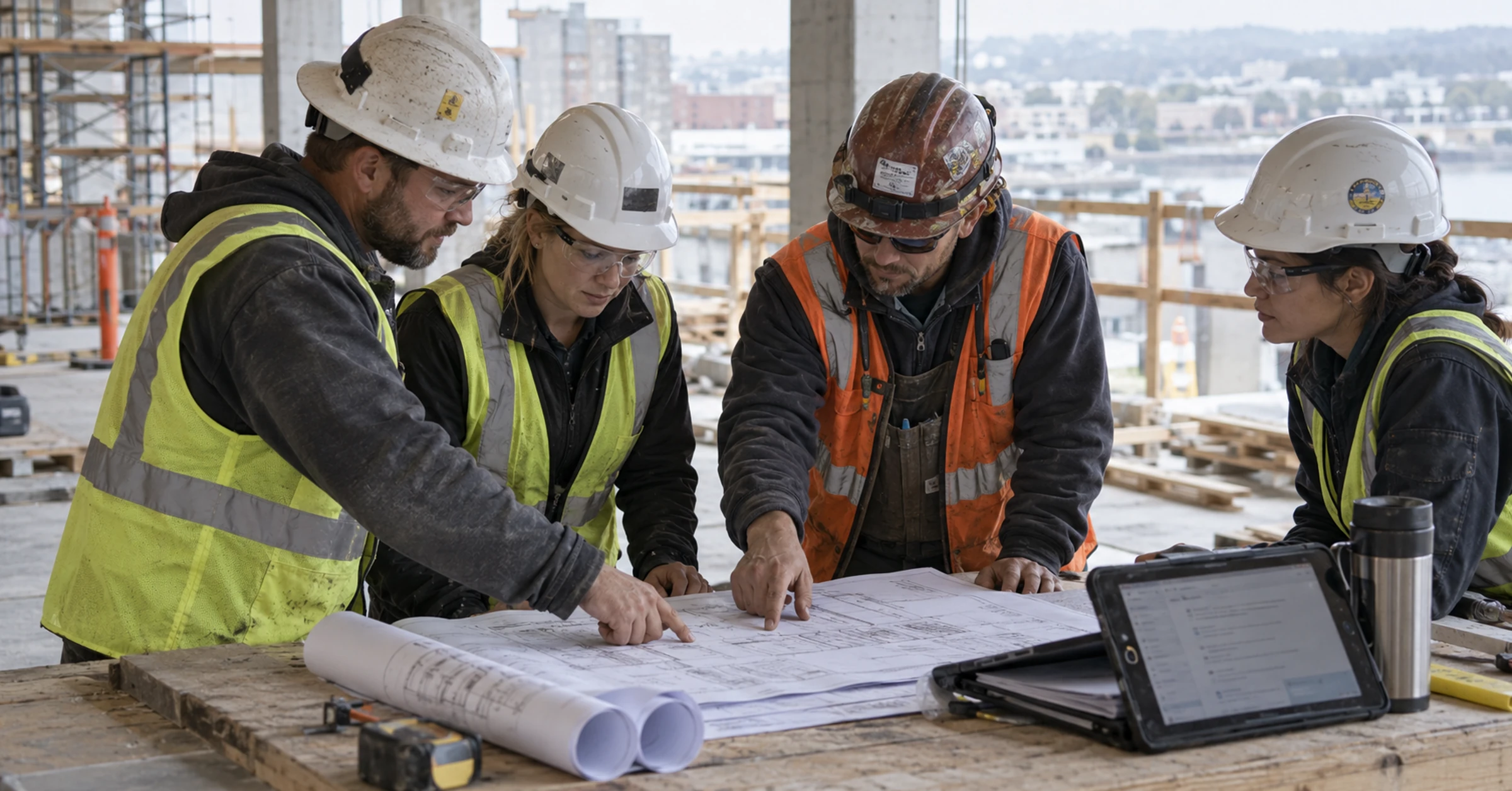 A site coordination team reviewing an approved drawing and document records