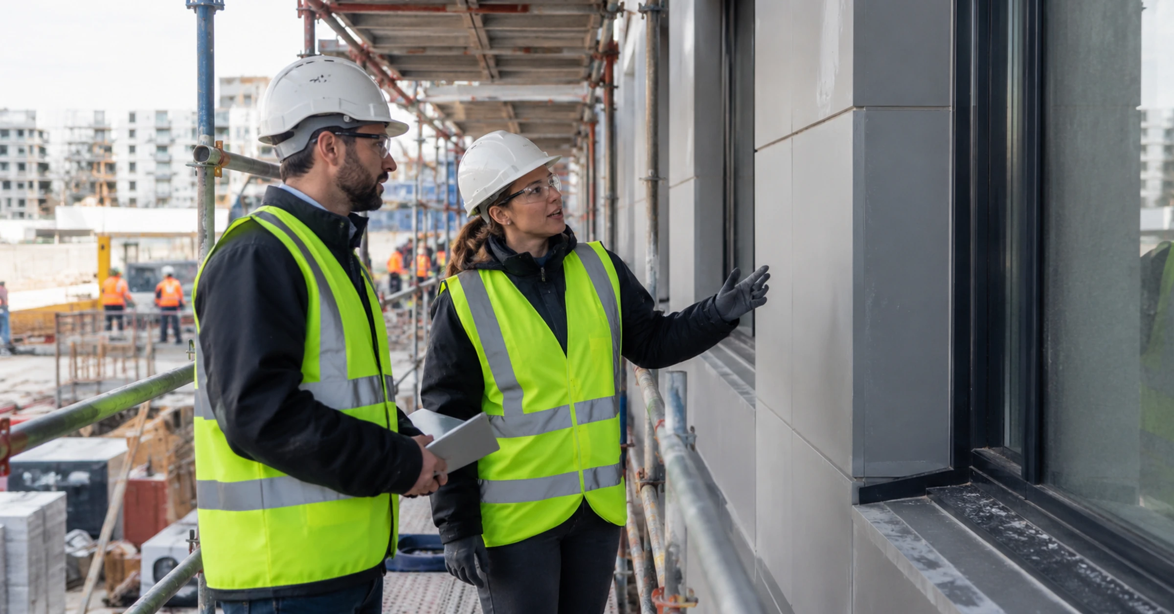 Contractor project managers reviewing completed facade work at a construction site