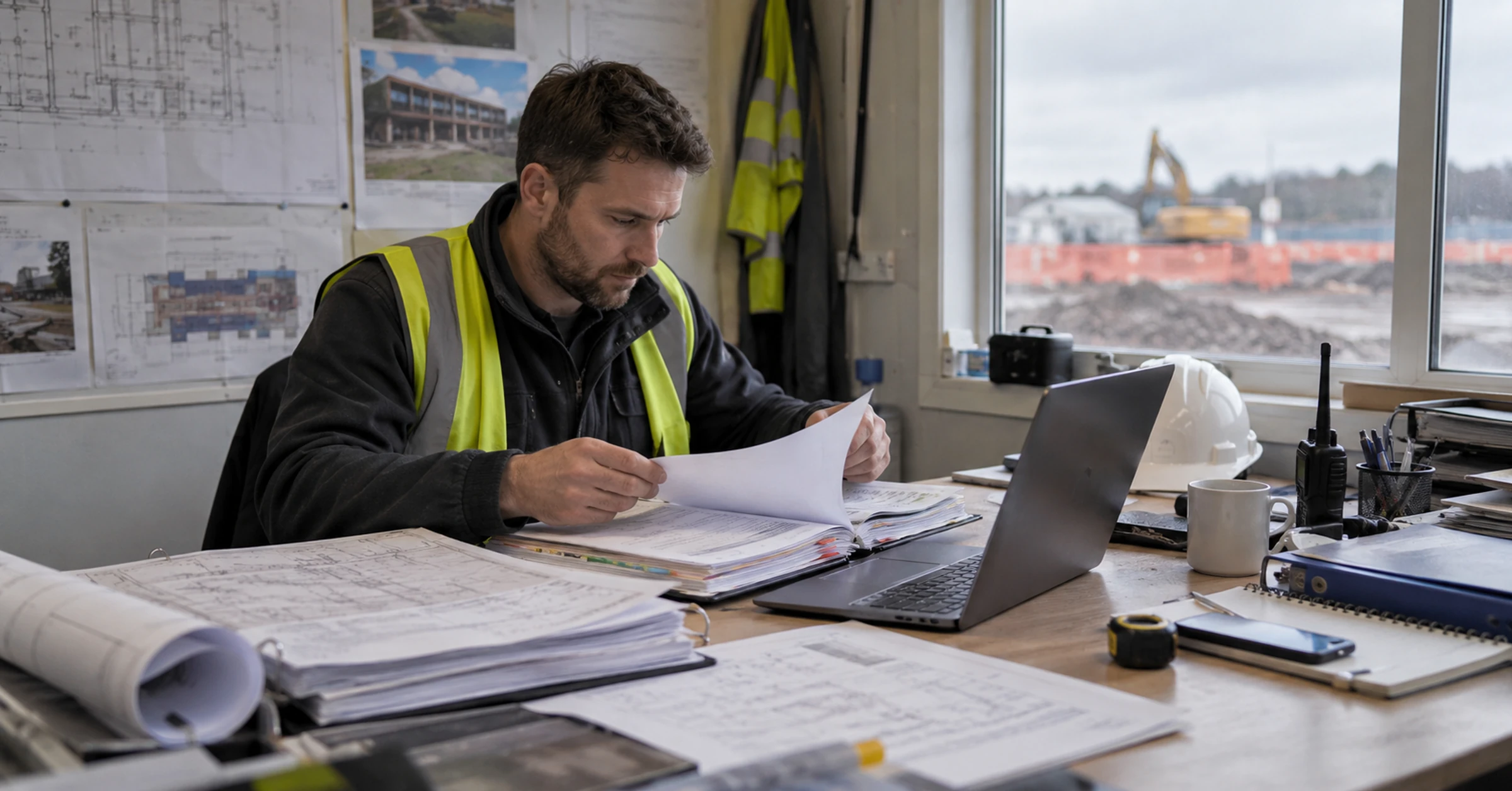 A procurement manager reviewing a tender document pack in a construction site office