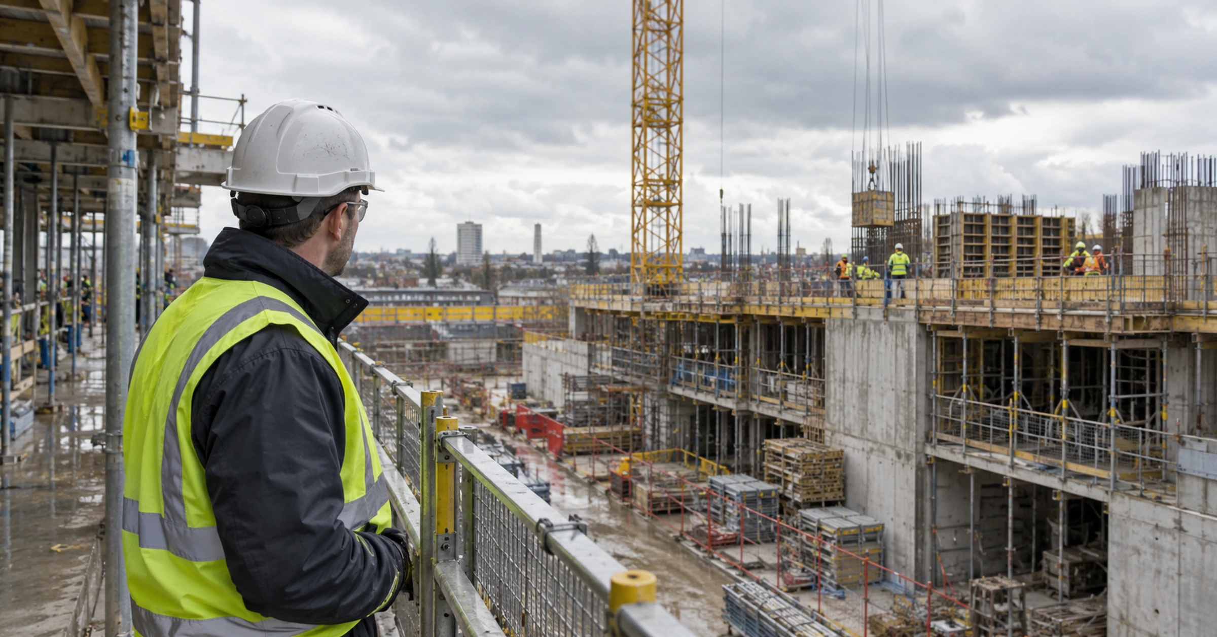 A main contractor site manager overlooking concrete construction from a protected walkway