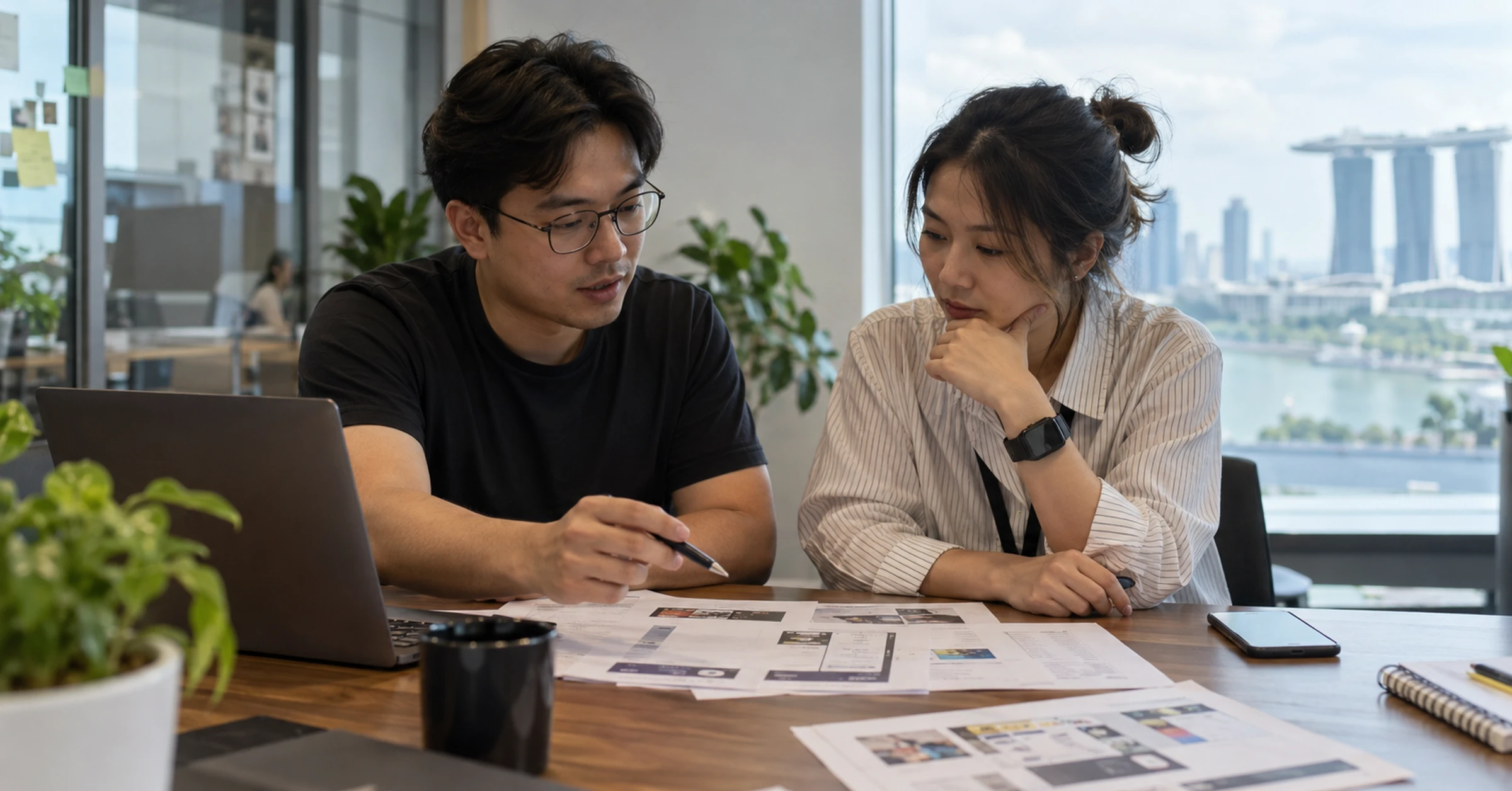 A developer and operations lead reviewing printed task screens during project planning