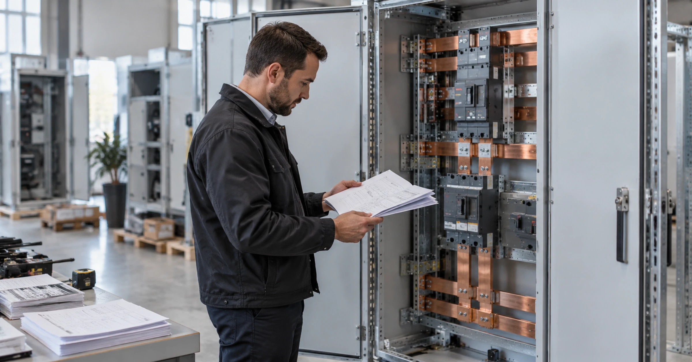 A procurement engineer inspecting a distribution-panel enclosure and specification pack