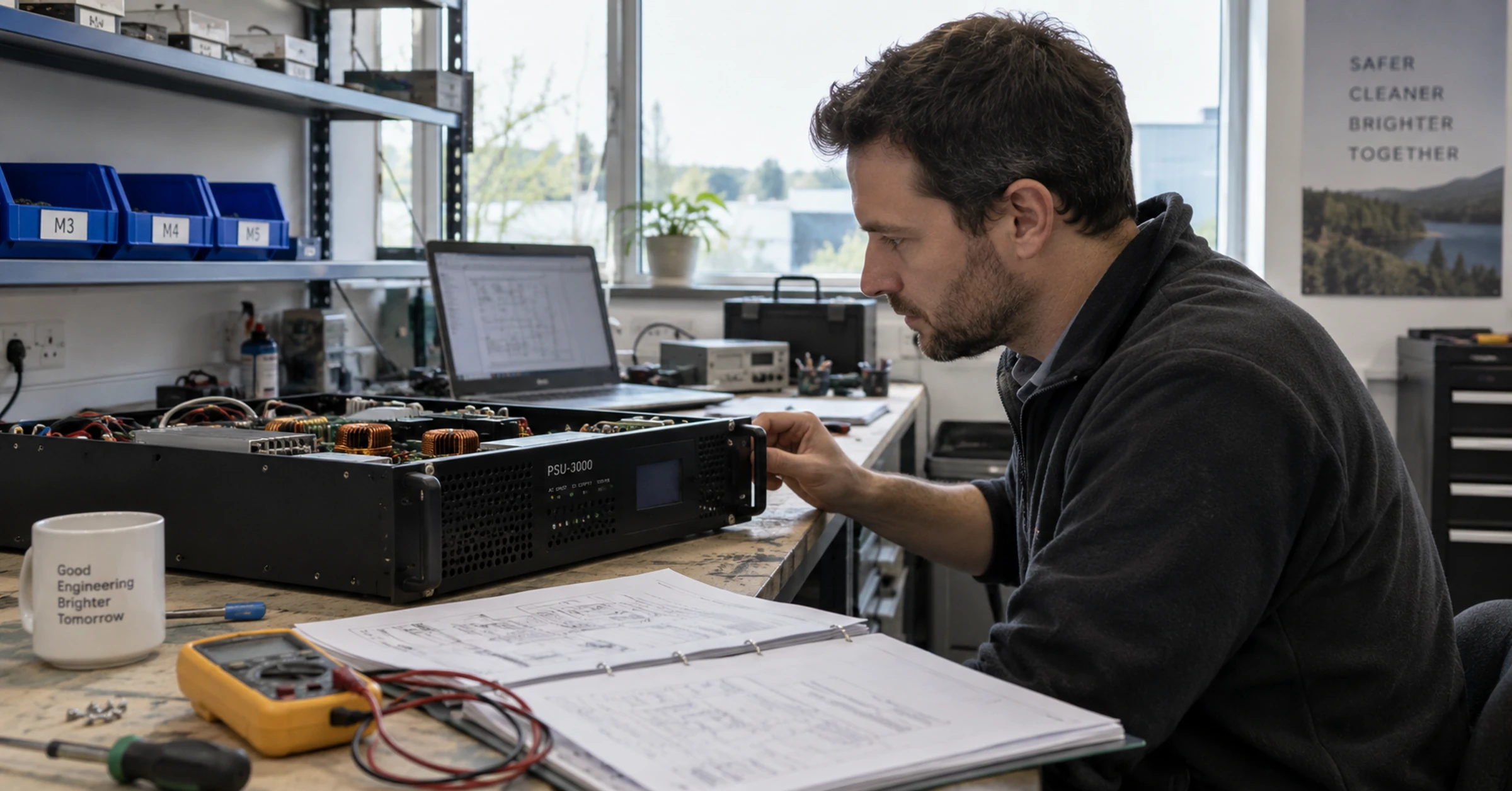 A supplier technical manager reviewing a rack-mount power unit and specification documents
