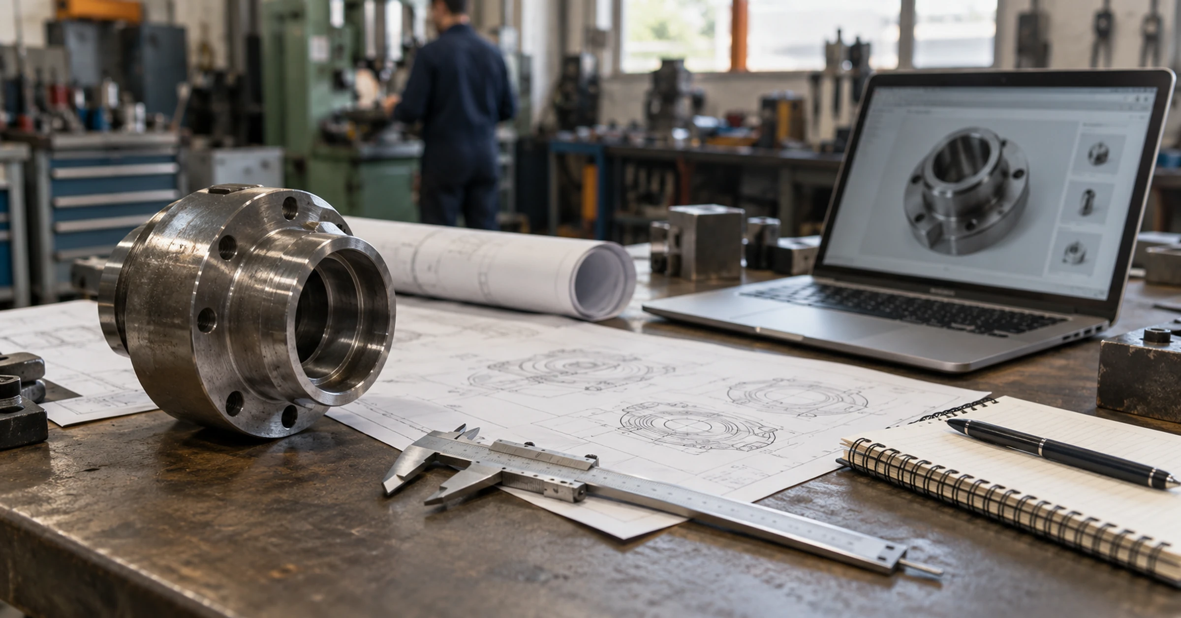 A machined part, technical drawing and caliper beside a supplier webpage on a procurement desk