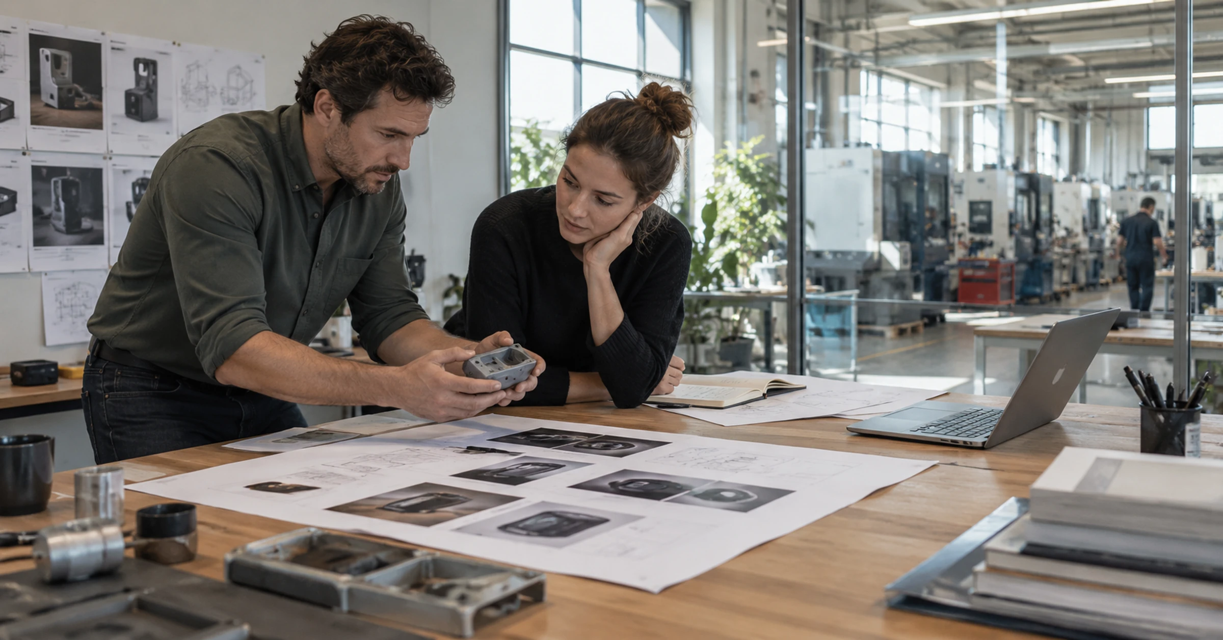 An engineering manager and designer reviewing a component and printed website pages in a workshop office