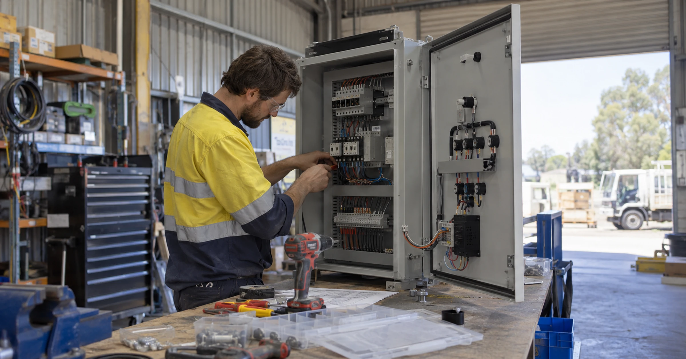 An engineer assembling an industrial control cabinet at an unpowered workshop bench