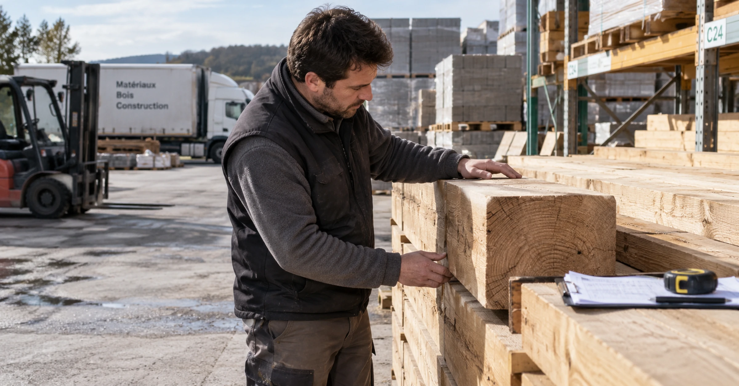 A supplier inspecting timber beams beside stacked building materials