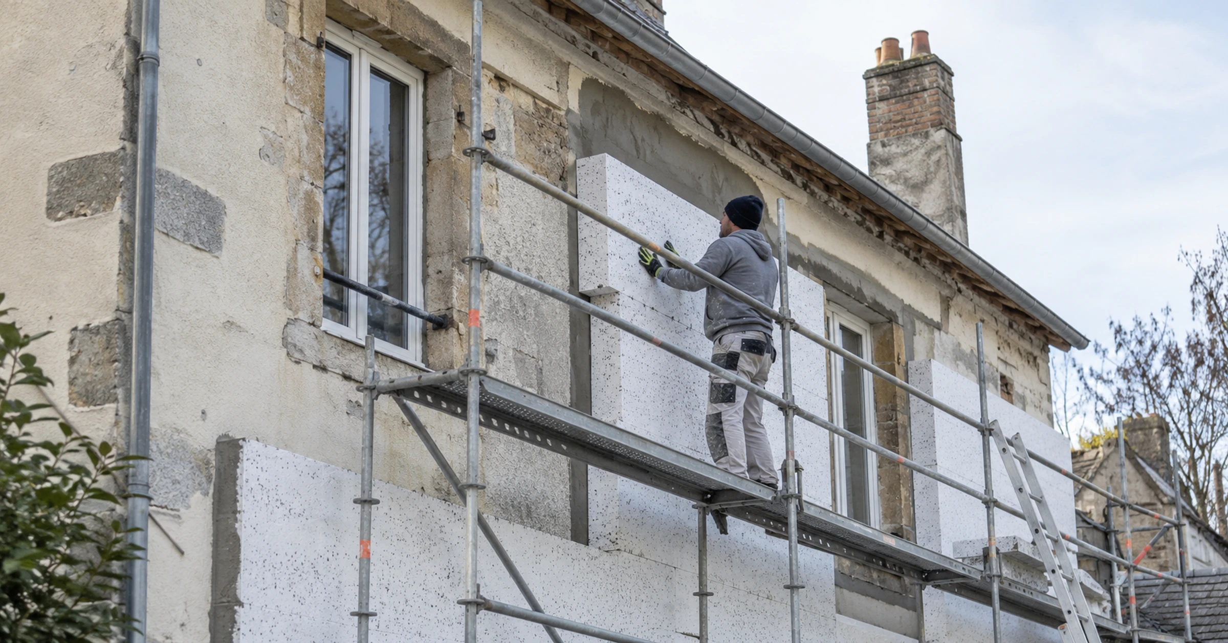 A worker fitting external insulation to an older masonry building in France