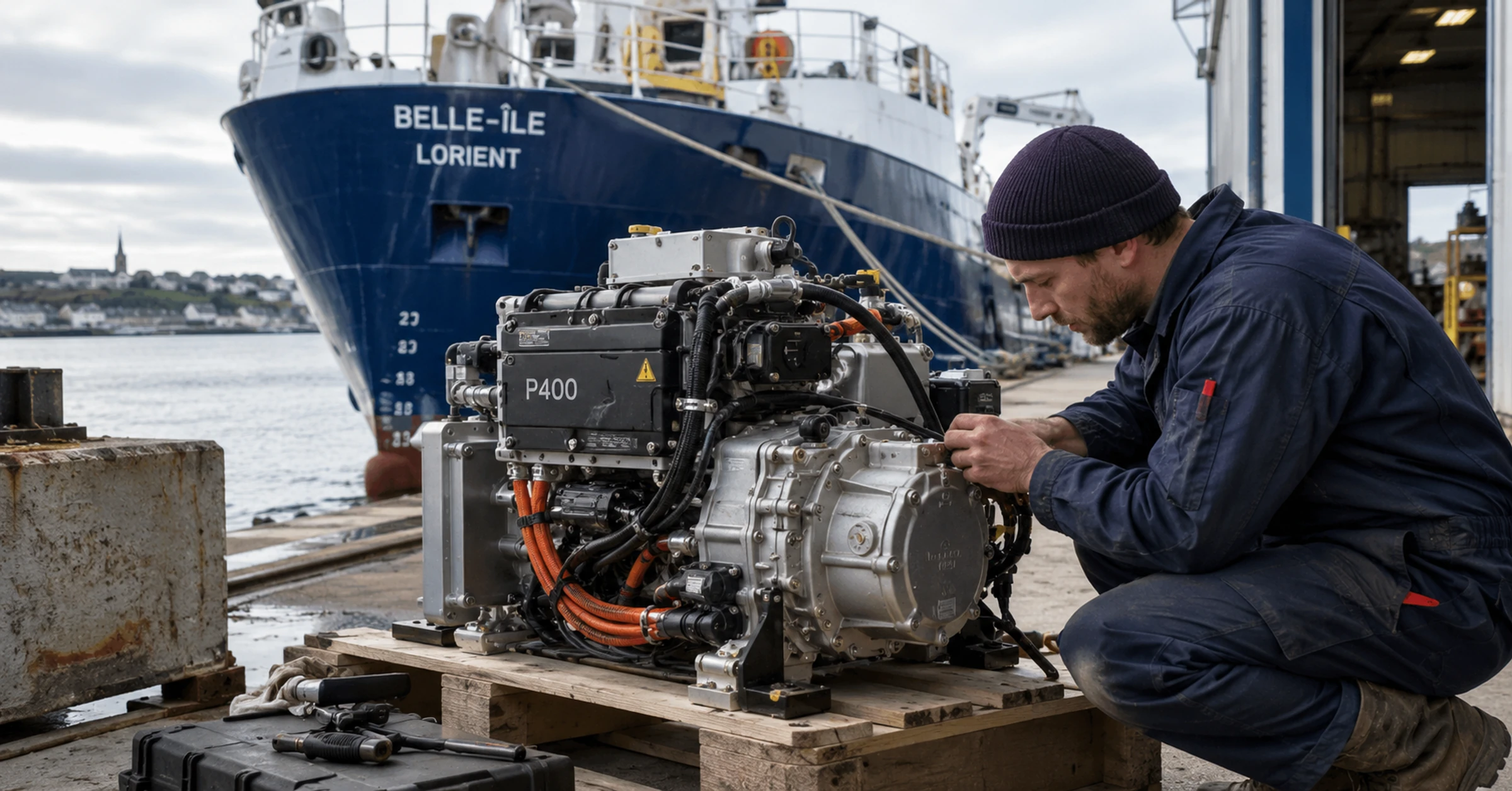 A shipyard technician checking connectors on a marine power module
