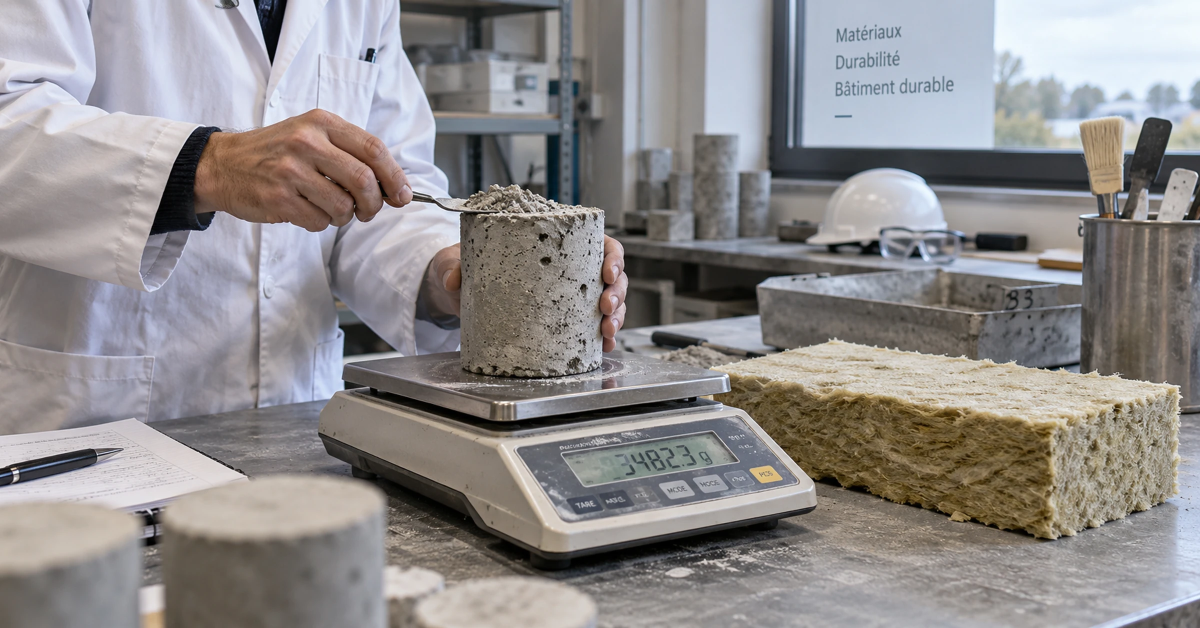 Building-material samples being examined at a laboratory bench