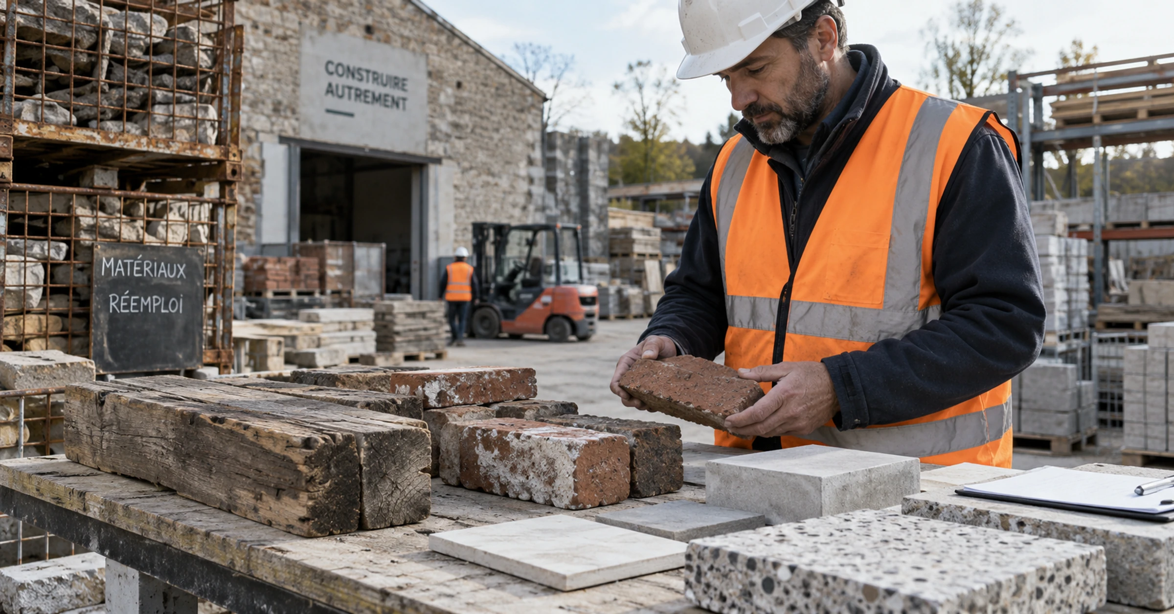 A contractor comparing reclaimed brick, timber and concrete samples at a materials inspection table