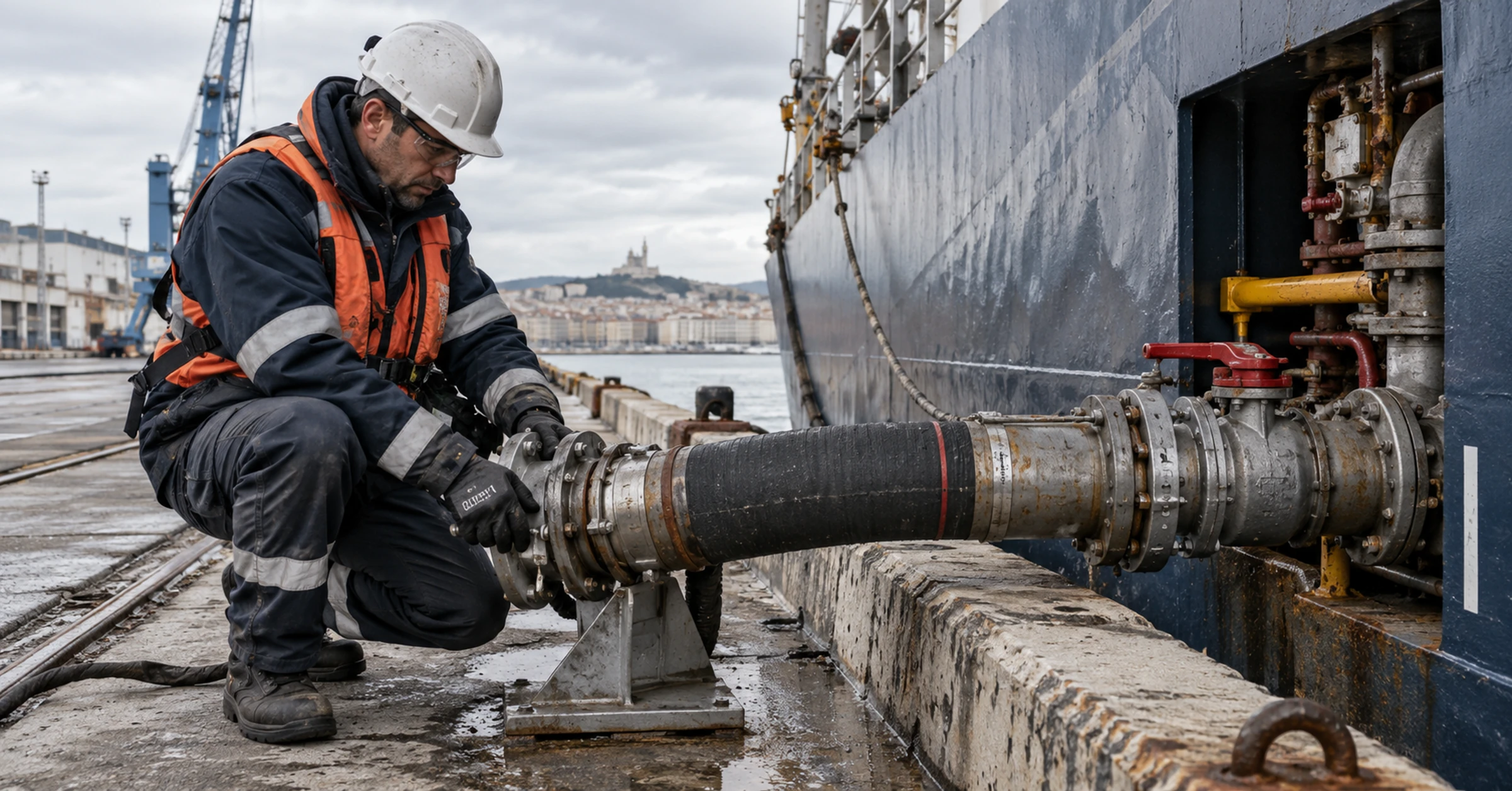 A marine technician checking a secured fuel-transfer coupling alongside a port quay