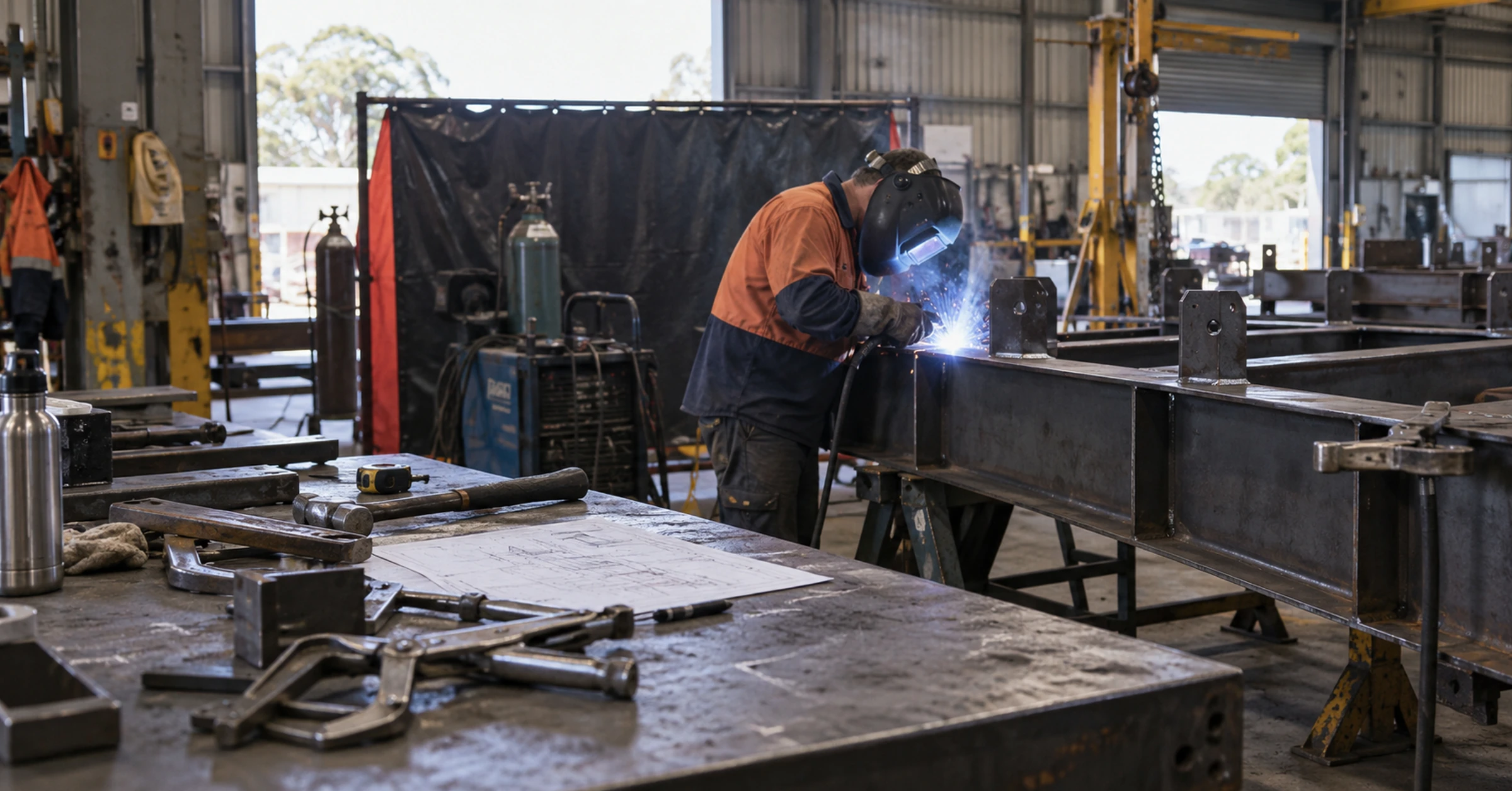 A protected welding bay and inspection bench in an Australian fabrication workshop