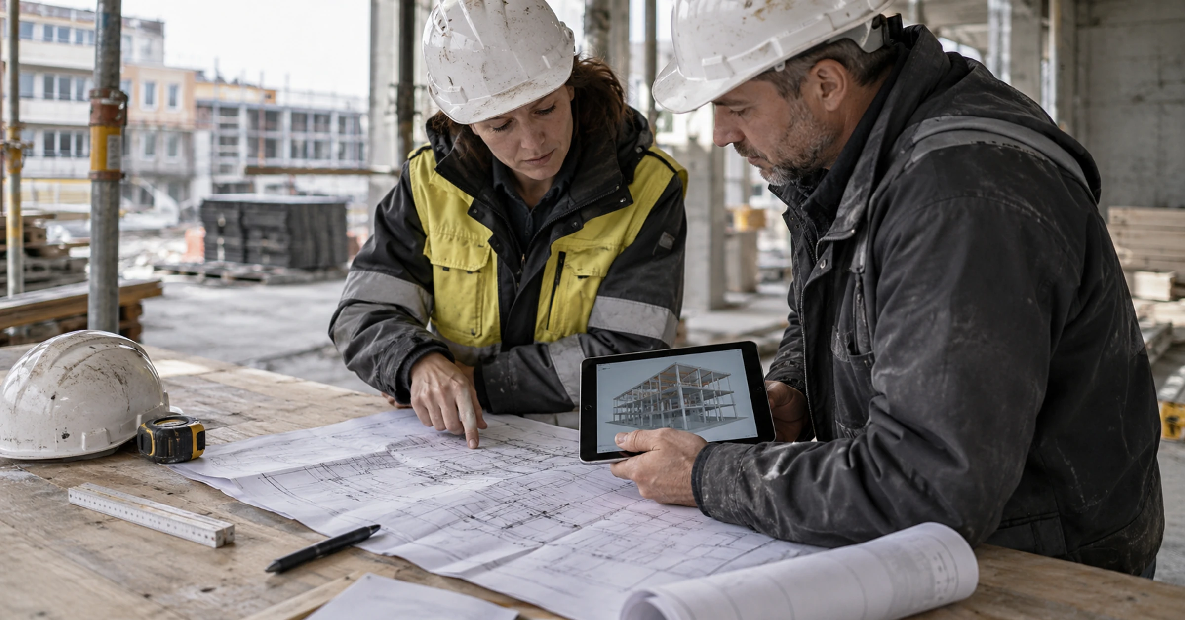 Construction coordinators comparing a structural drawing with a building model on a tablet