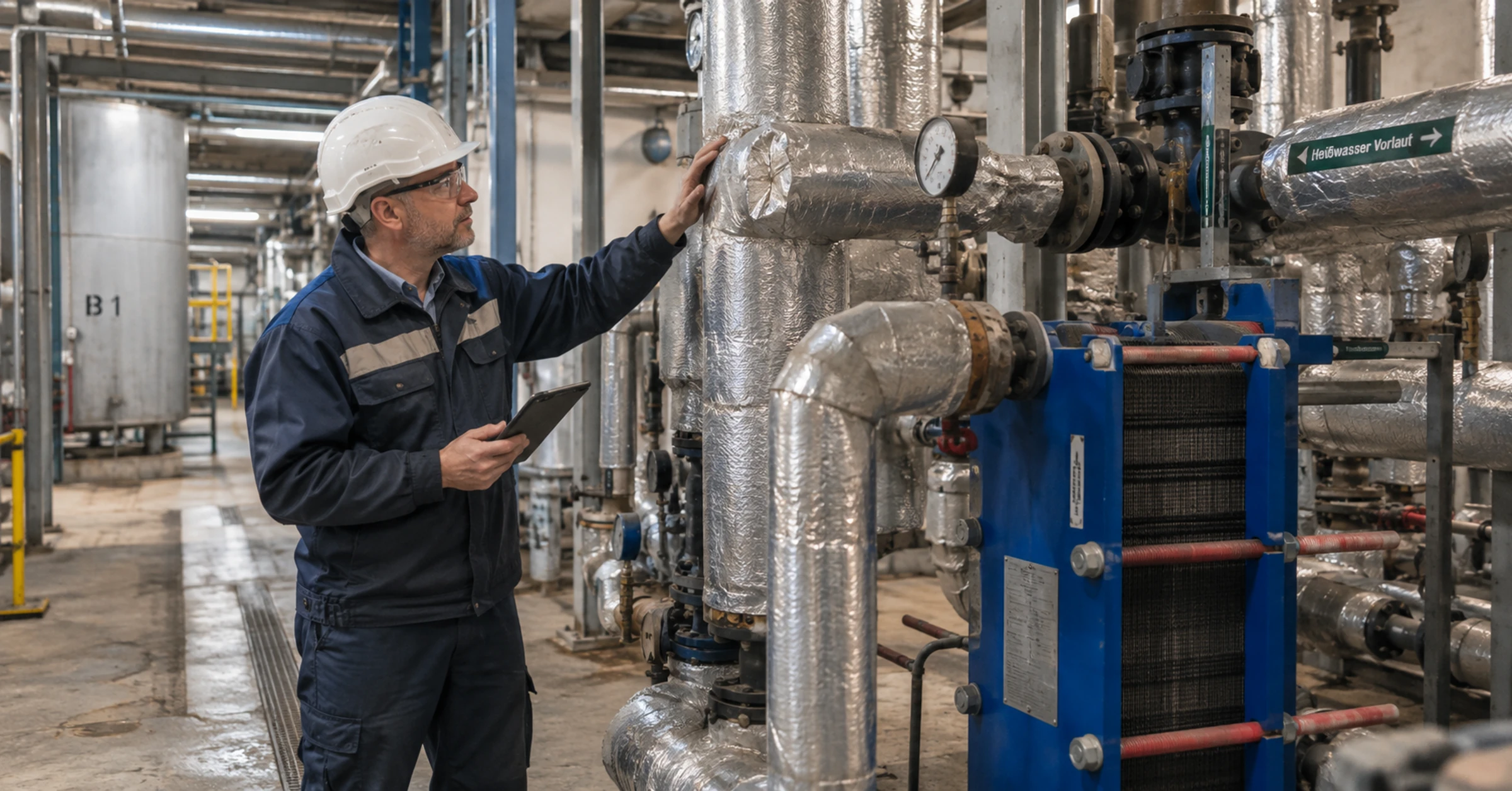 A technician inspecting process pipework and a heat exchanger in an industrial facility