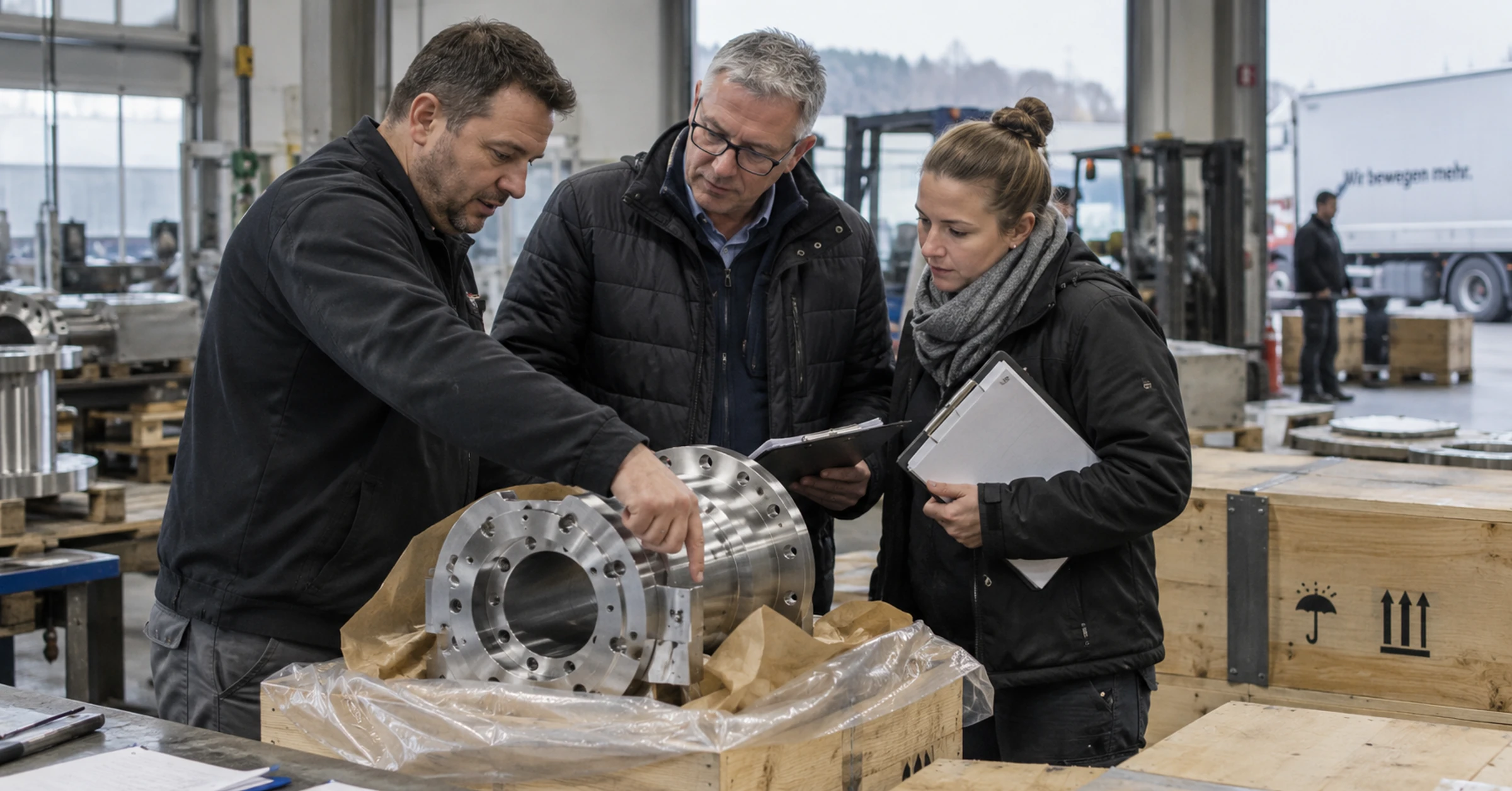 An industrial export team reviewing an assembly and shipping documents at a dispatch bench
