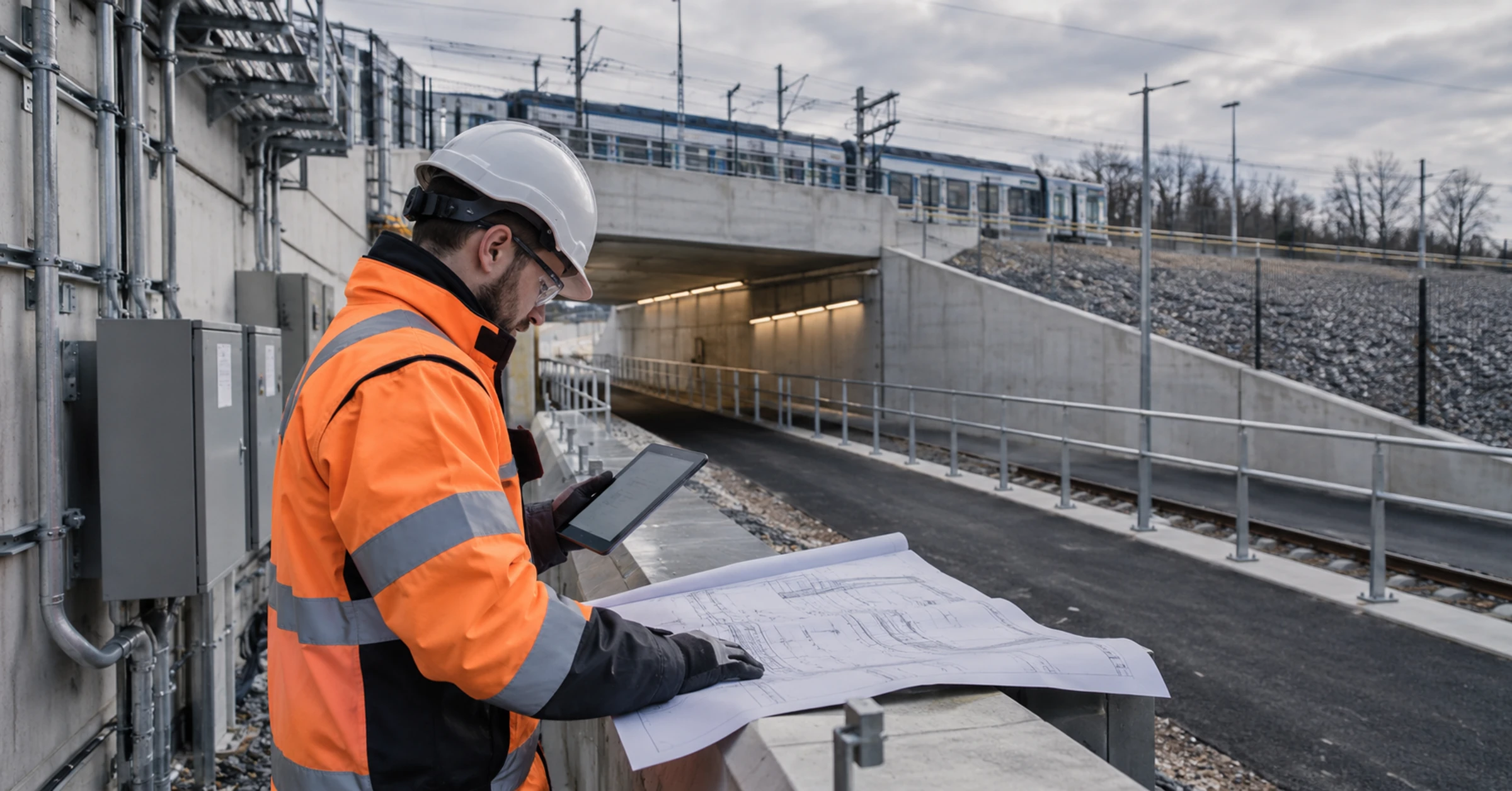An infrastructure engineer checking as-built drawings against installed work