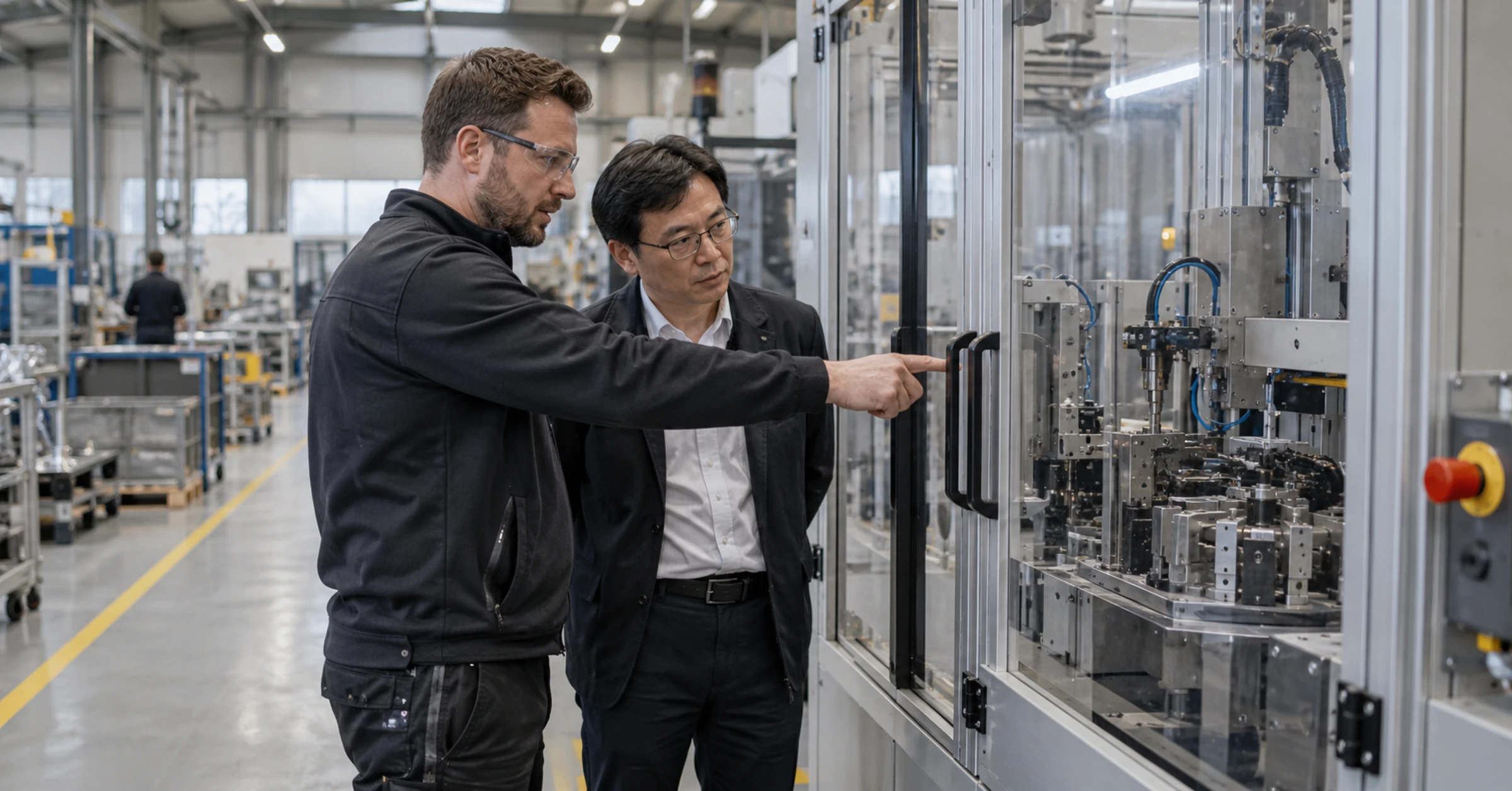 A machine builder demonstrating a stopped industrial machine to a visiting buyer