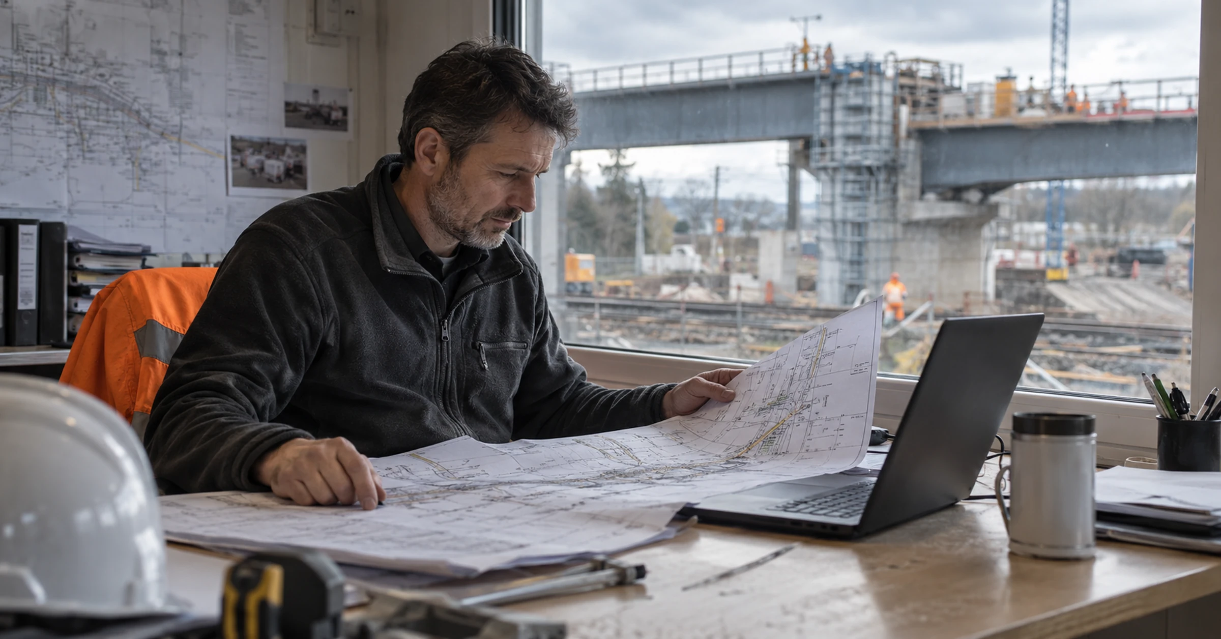 A civil engineer reviewing infrastructure plans in a site office overlooking bridge construction